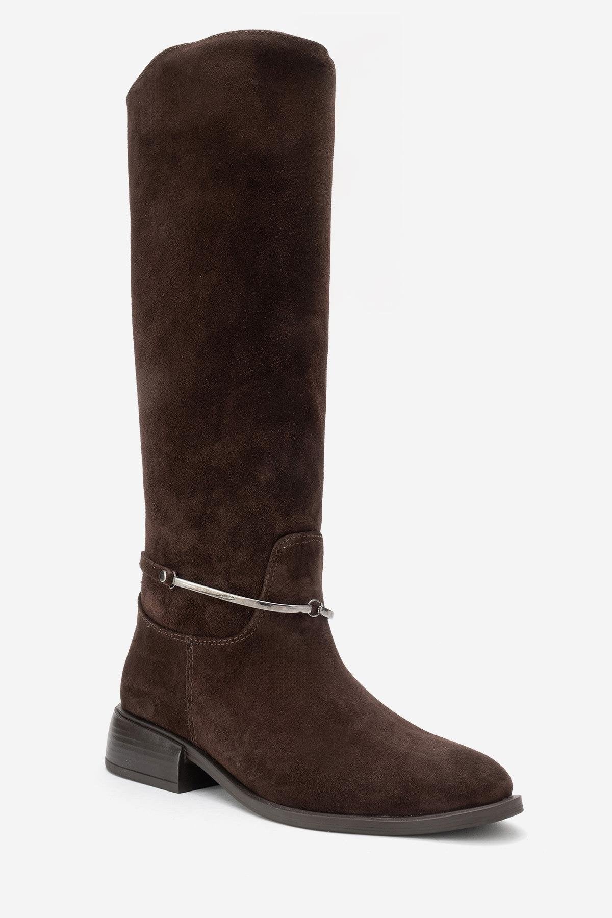 Ansel - Brown Suede Genuine Leather Ankle-Strap Riding Boot – detail view showing leather, suede, SimmiUnique