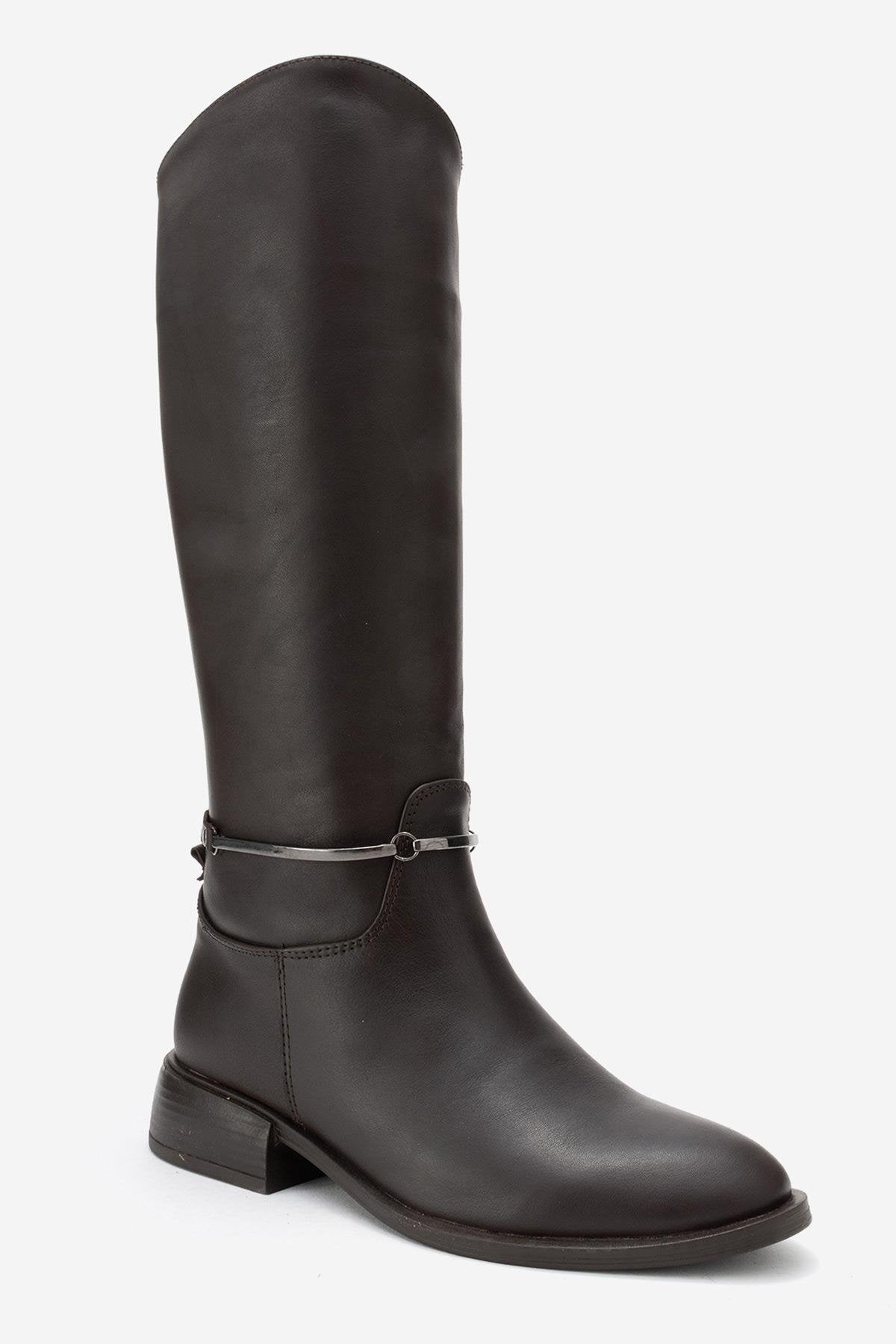 Ansel - Brown Genuine Leather Ankle-Strap Riding Boot – detail view showing leather, SimmiUnique