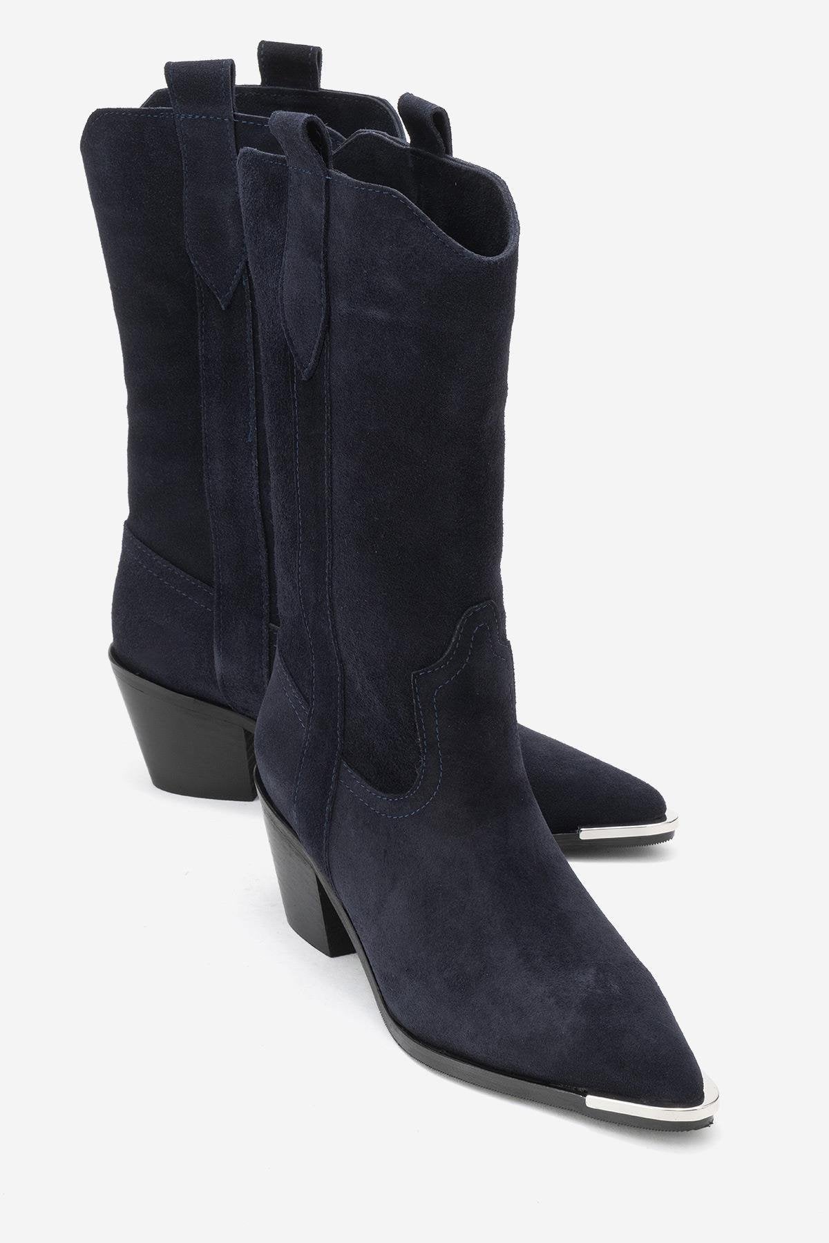 Alvi - Navy Suede Genuine Leather Western Boot – front three-quarter view showing leather, suede, SimmiUnique