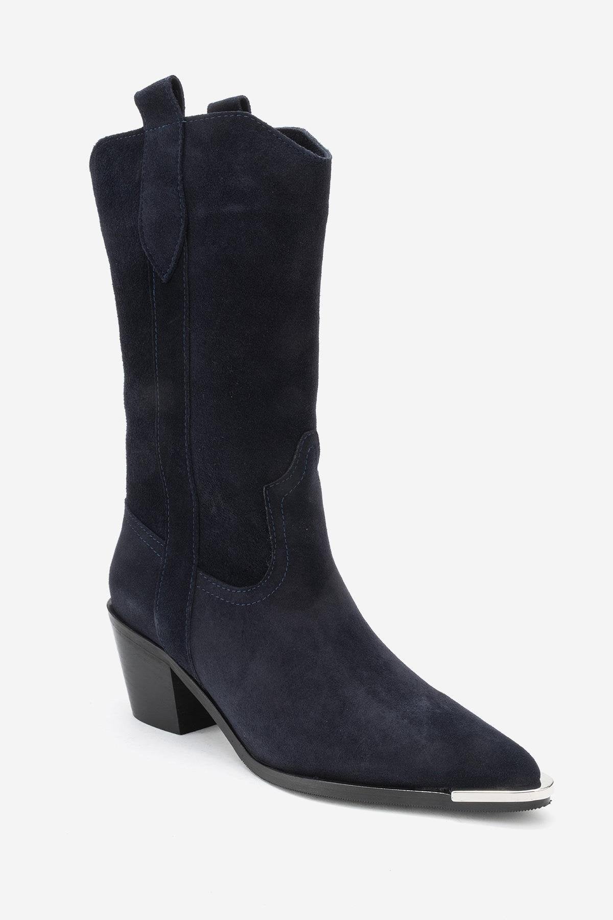 Alvi - Navy Suede Genuine Leather Western Boot – detail view showing leather, suede, SimmiUnique