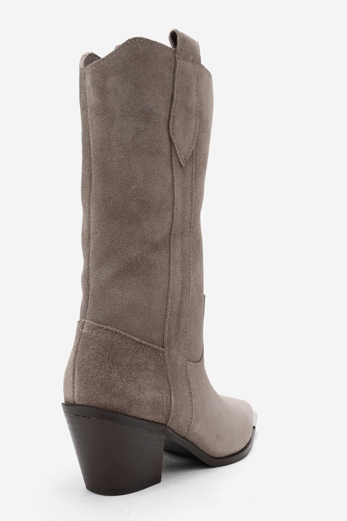 Alvi - Taupe Suede Genuine Leather Western Boot – back view showing leather, suede, SimmiUnique