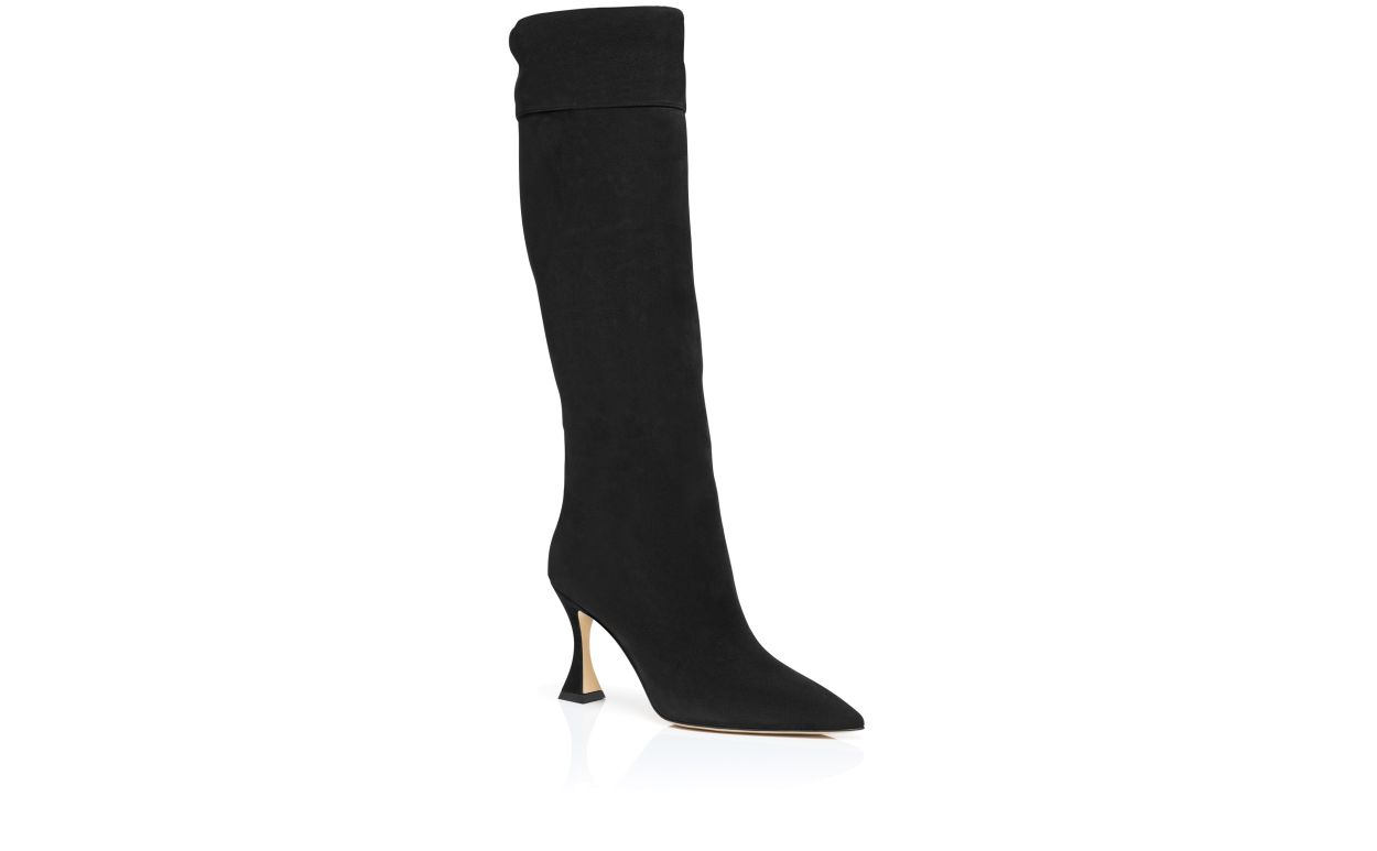 Lucienne Lace Black Pointed Toe Knee-High Boots – top view showing black pointed toe, suede, SimmiUnique