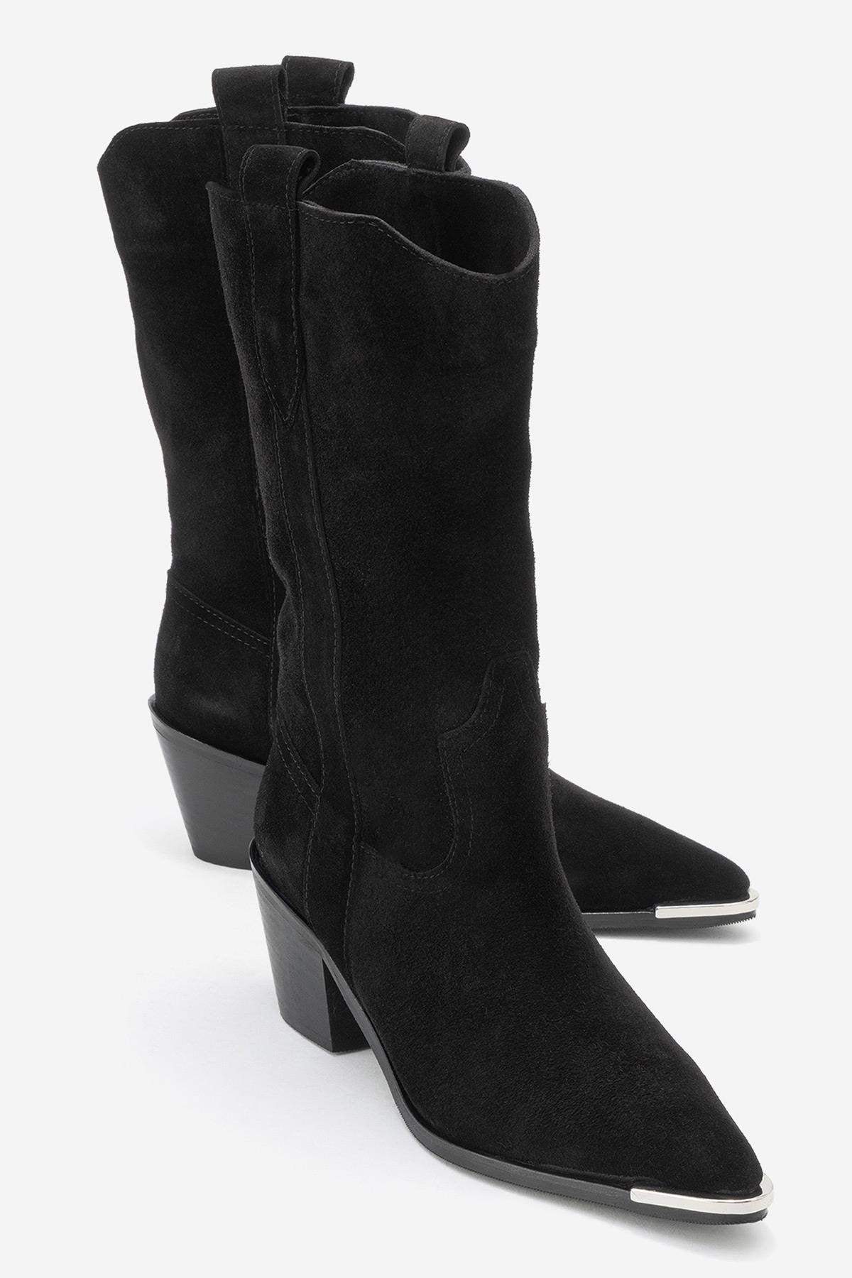Alvi - Black Suede Genuine Leather Western Boot – front three-quarter view showing leather, suede, black, SimmiUnique