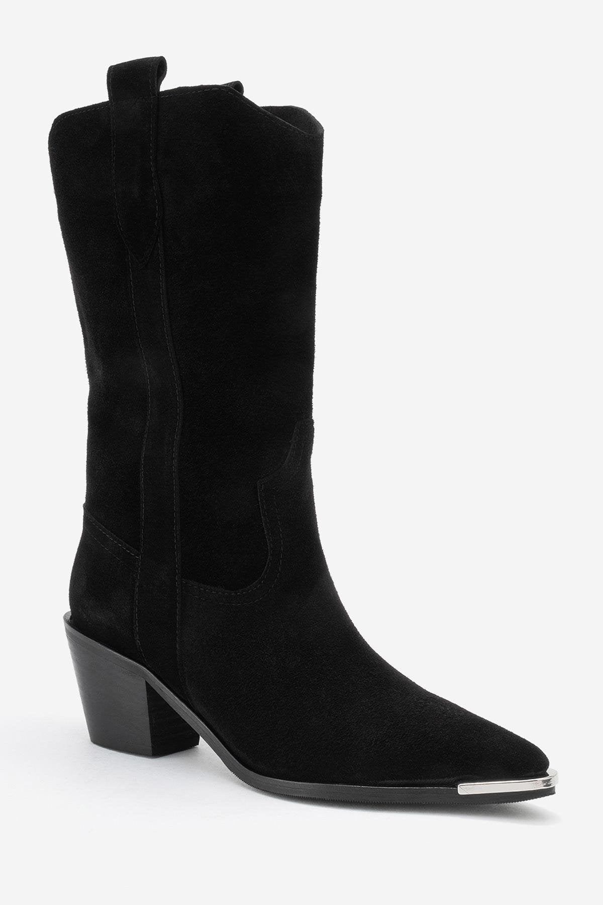 Alvi - Black Suede Genuine Leather Western Boot – detail view showing leather, suede, black, SimmiUnique