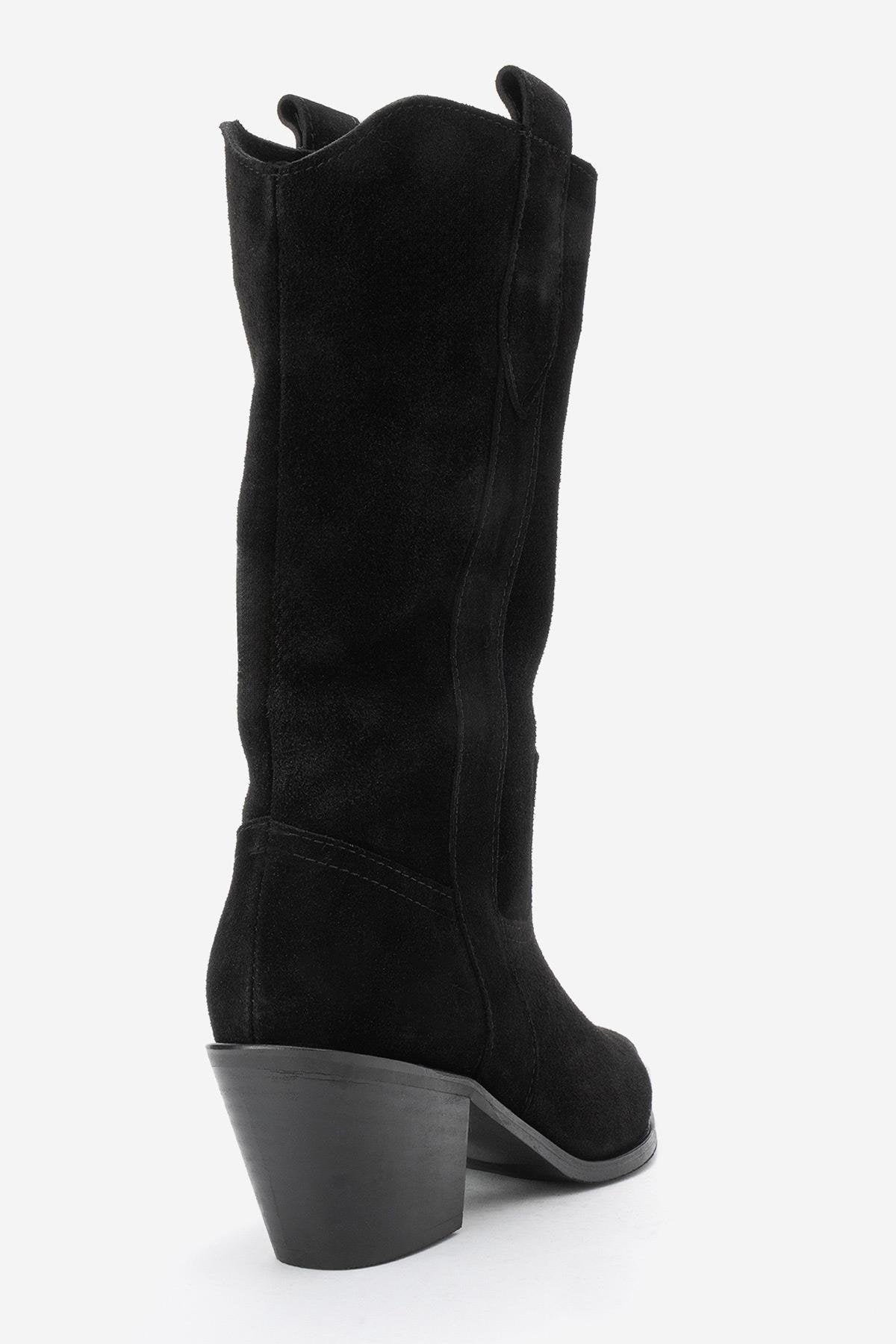 Alvi - Black Suede Genuine Leather Western Boot – back view showing leather, suede, black, SimmiUnique