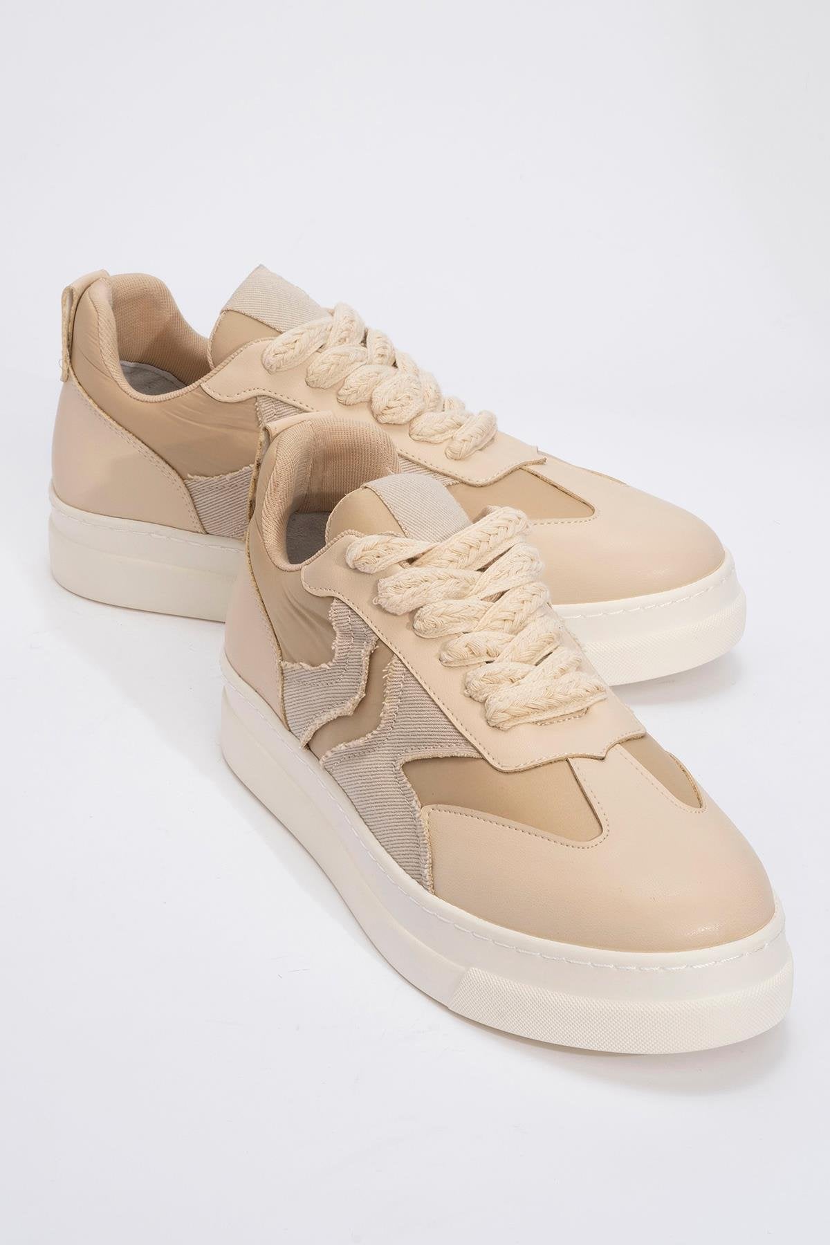 Sande - Beige Denim Detailed Sport Sneakers – front three-quarter view showing leather, SimmiUnique