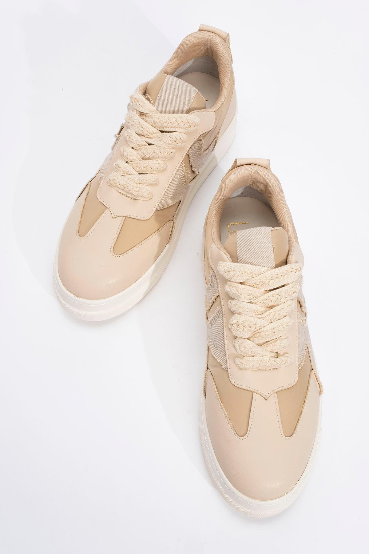 Sande - Beige Denim Detailed Sport Sneakers – side view showing leather, SimmiUnique
