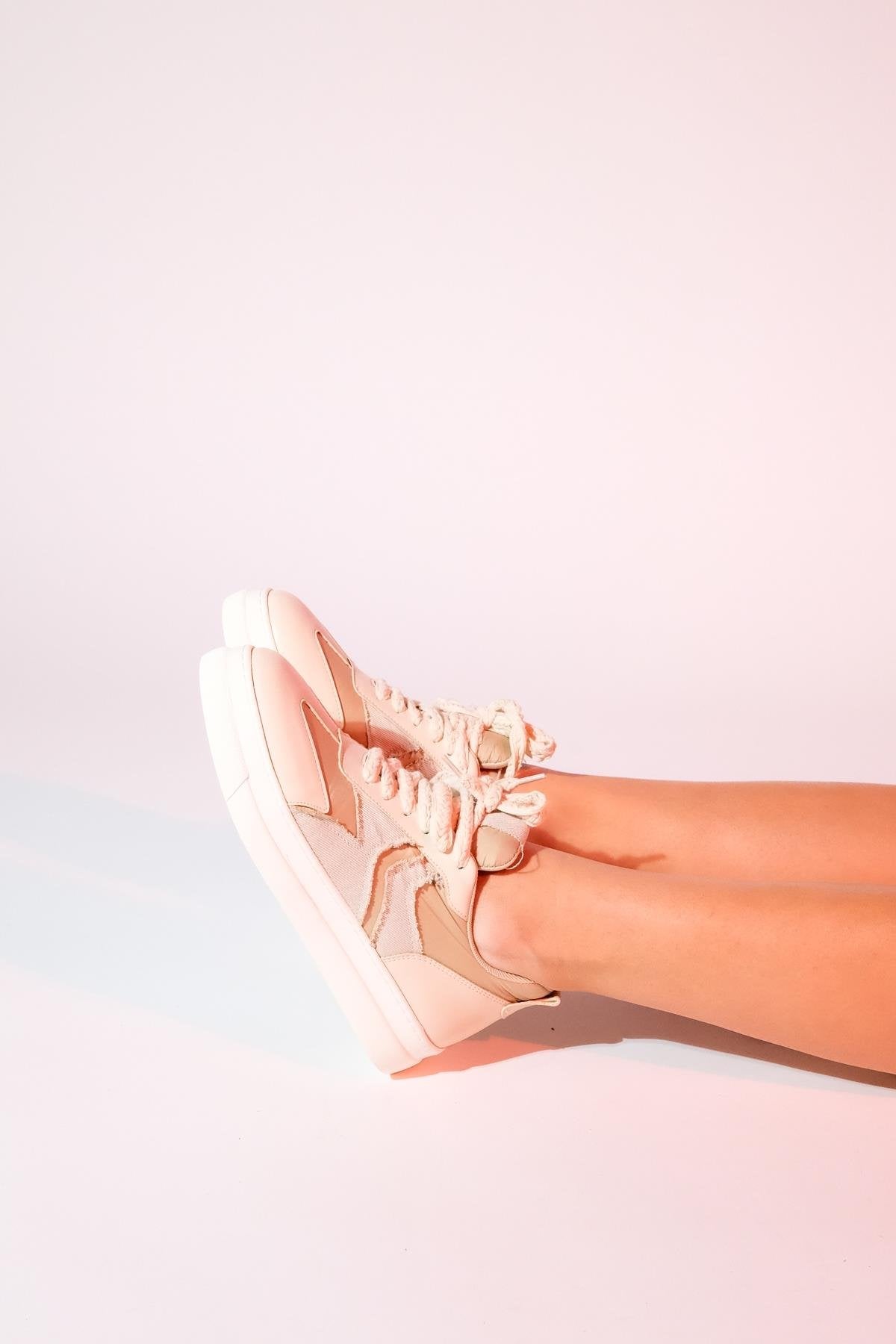 Sande - Beige Denim Detailed Sport Sneakers – sole view showing leather, SimmiUnique