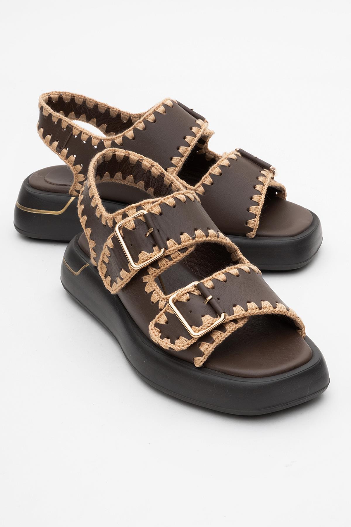 Douro - Brown Braided Rope Strap Leather Sandal – front three-quarter view showing leather, SimmiUnique