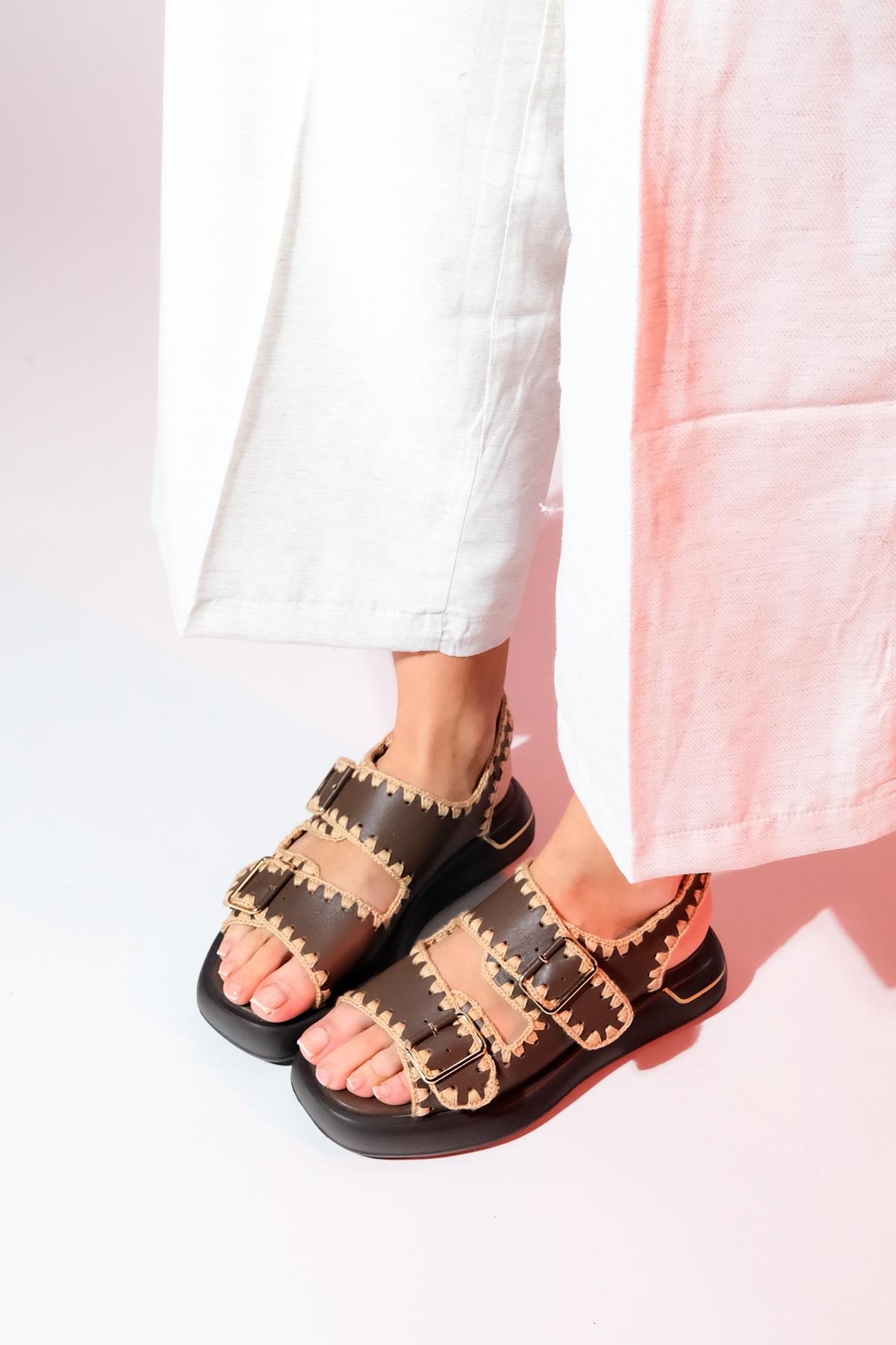 Douro - Brown Braided Rope Strap Leather Sandal – pair view showing leather, SimmiUnique