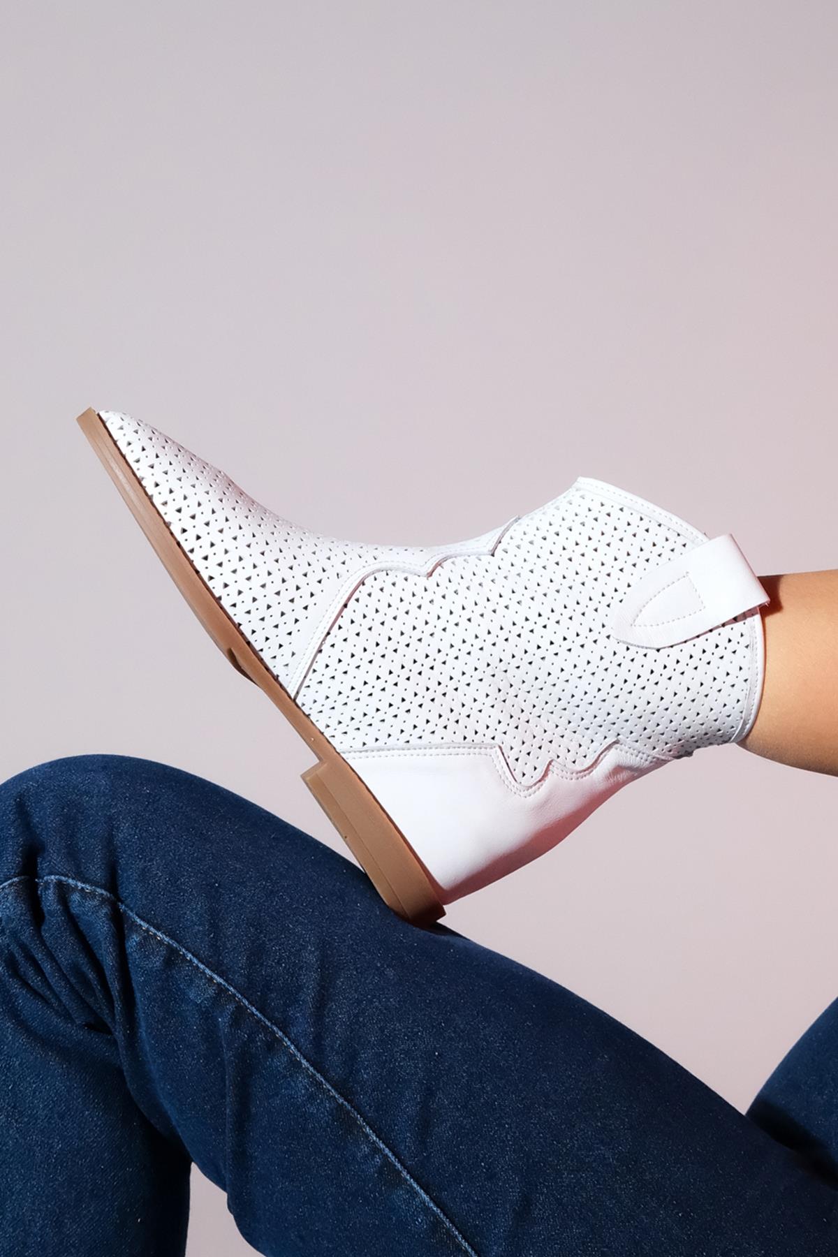 Loivos - White Genuine Leather Perforated Hidden Wedge Summer Ankle Bo – side view showing leather, white, SimmiUnique