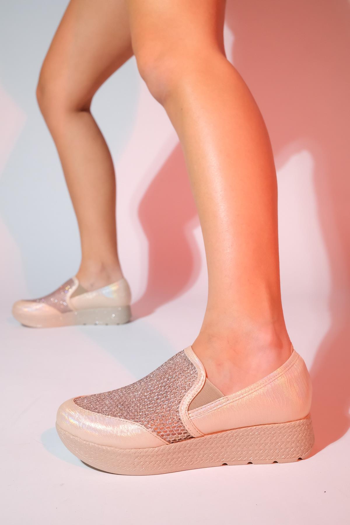 Purcan - Beige Glitter Mesh Chunky Sole Casual Shoe – side view showing leather, glitter, mesh, SimmiUnique