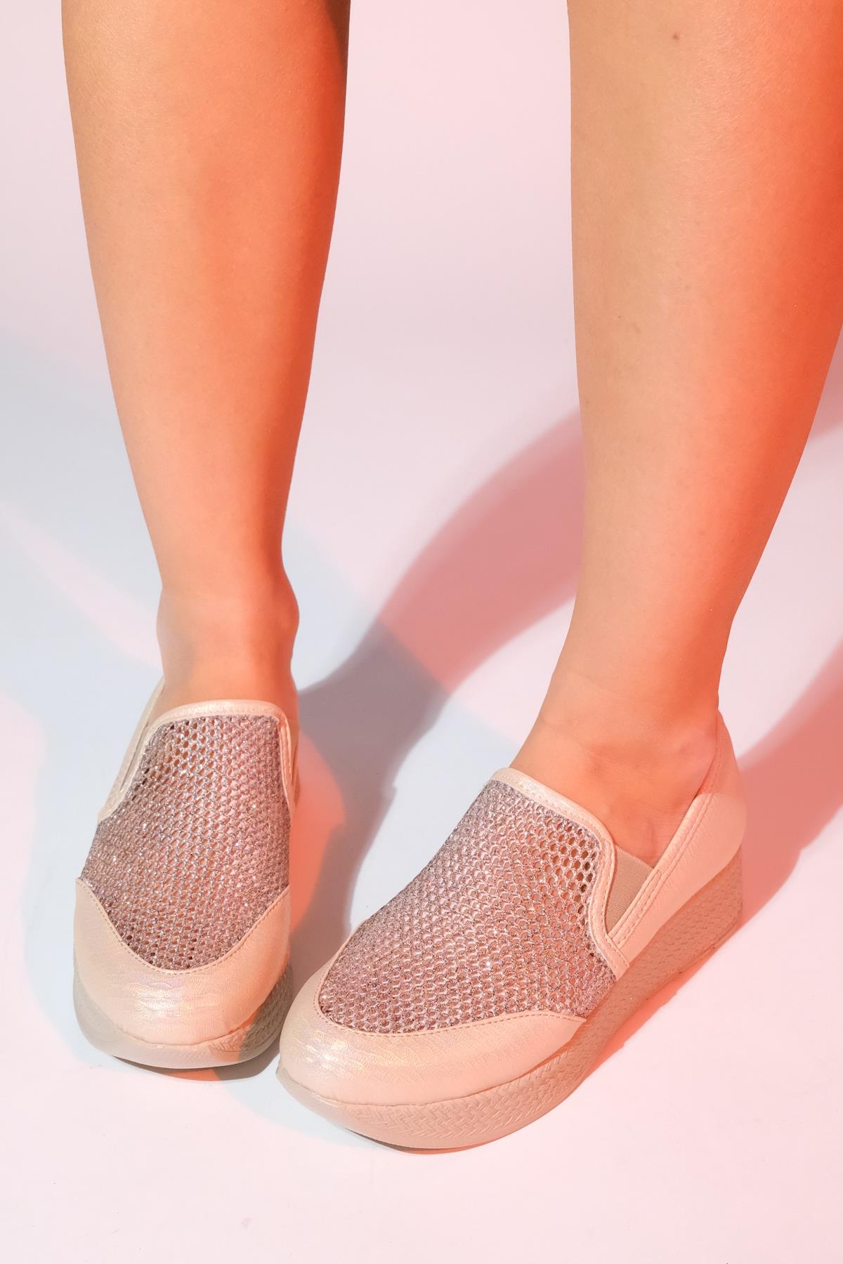 Purcan - Beige Glitter Mesh Chunky Sole Casual Shoe – heel view showing leather, glitter, mesh, SimmiUnique