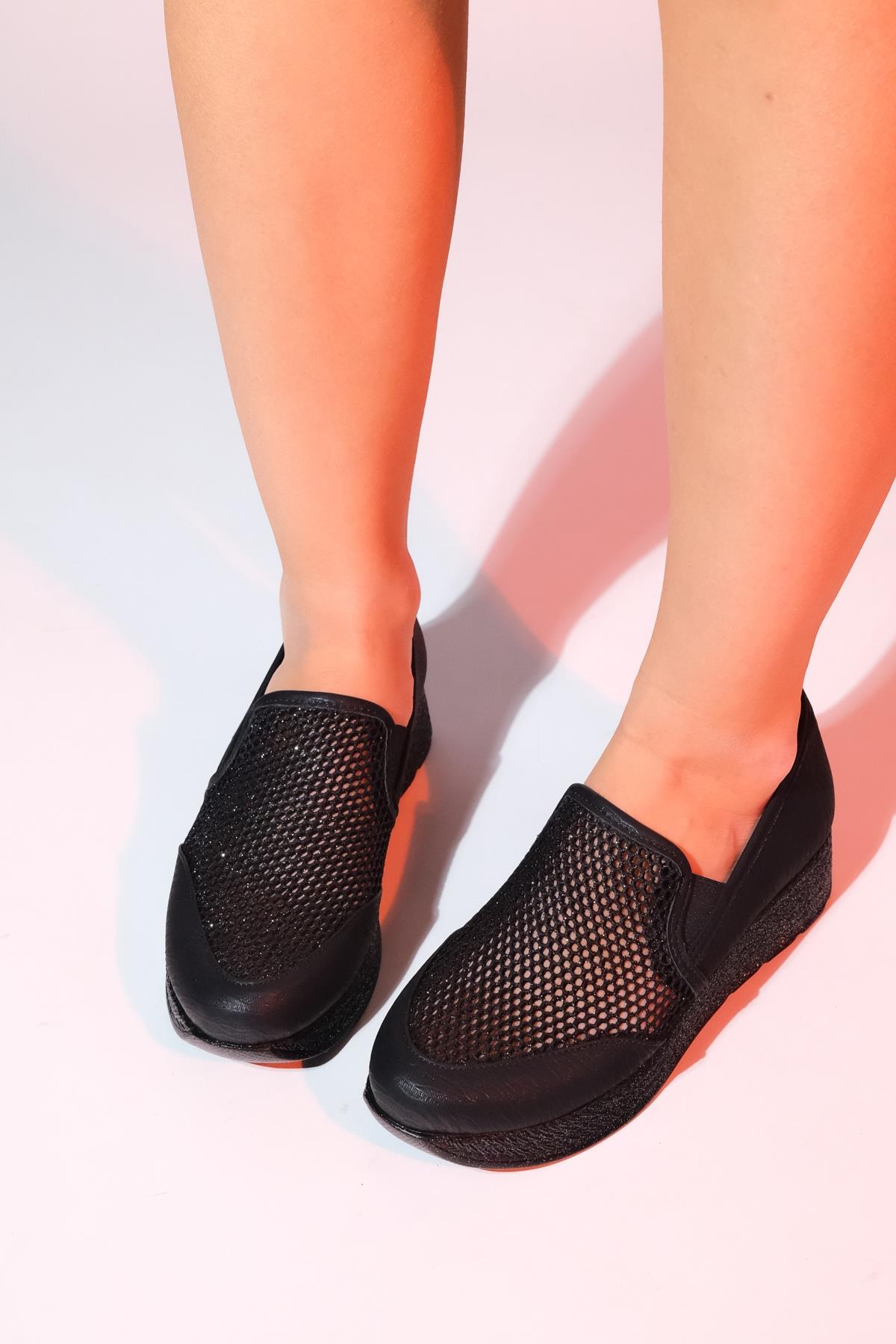 Purcan - Black Glitter Mesh Chunky Sole Casual Shoe – detail view showing leather, glitter, mesh, SimmiUnique