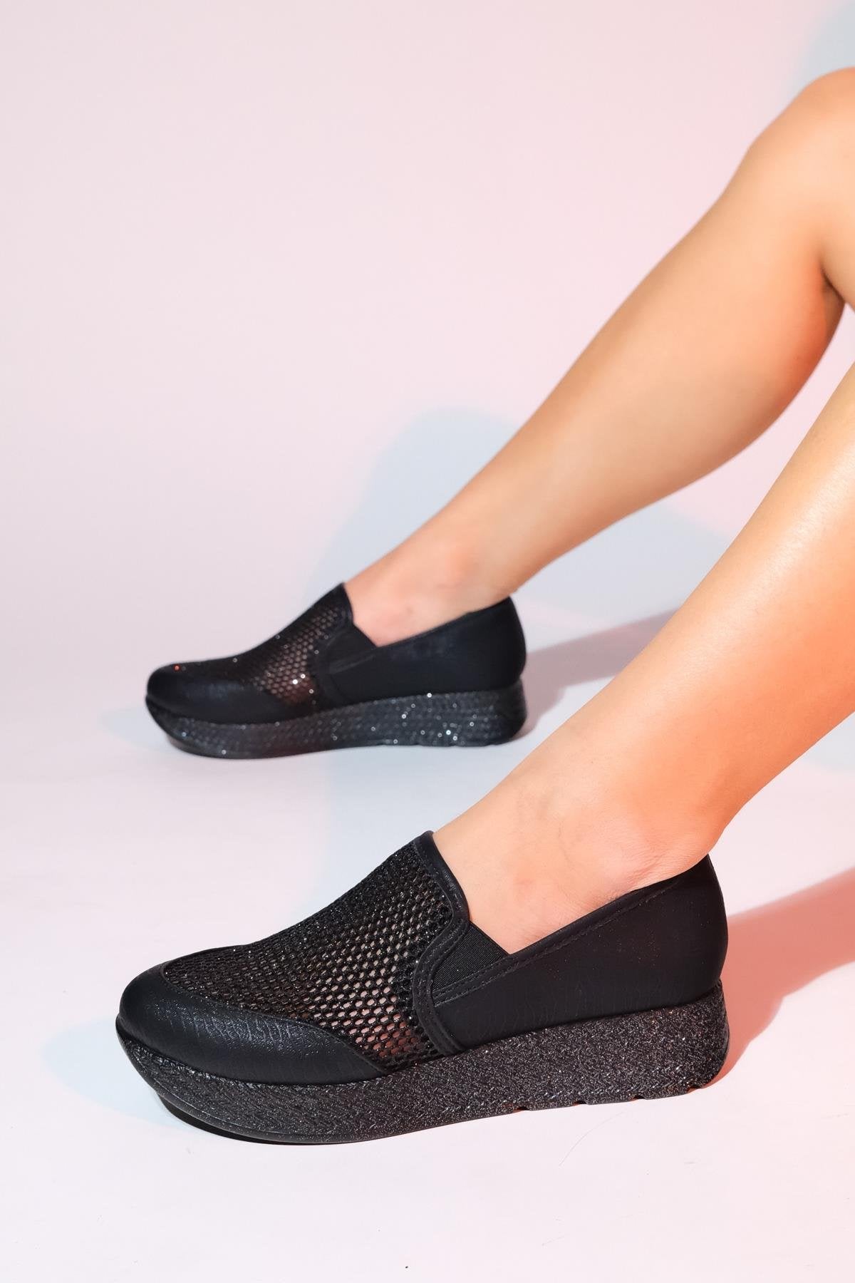 Purcan - Black Glitter Mesh Chunky Sole Casual Shoe – back view showing leather, glitter, mesh, SimmiUnique