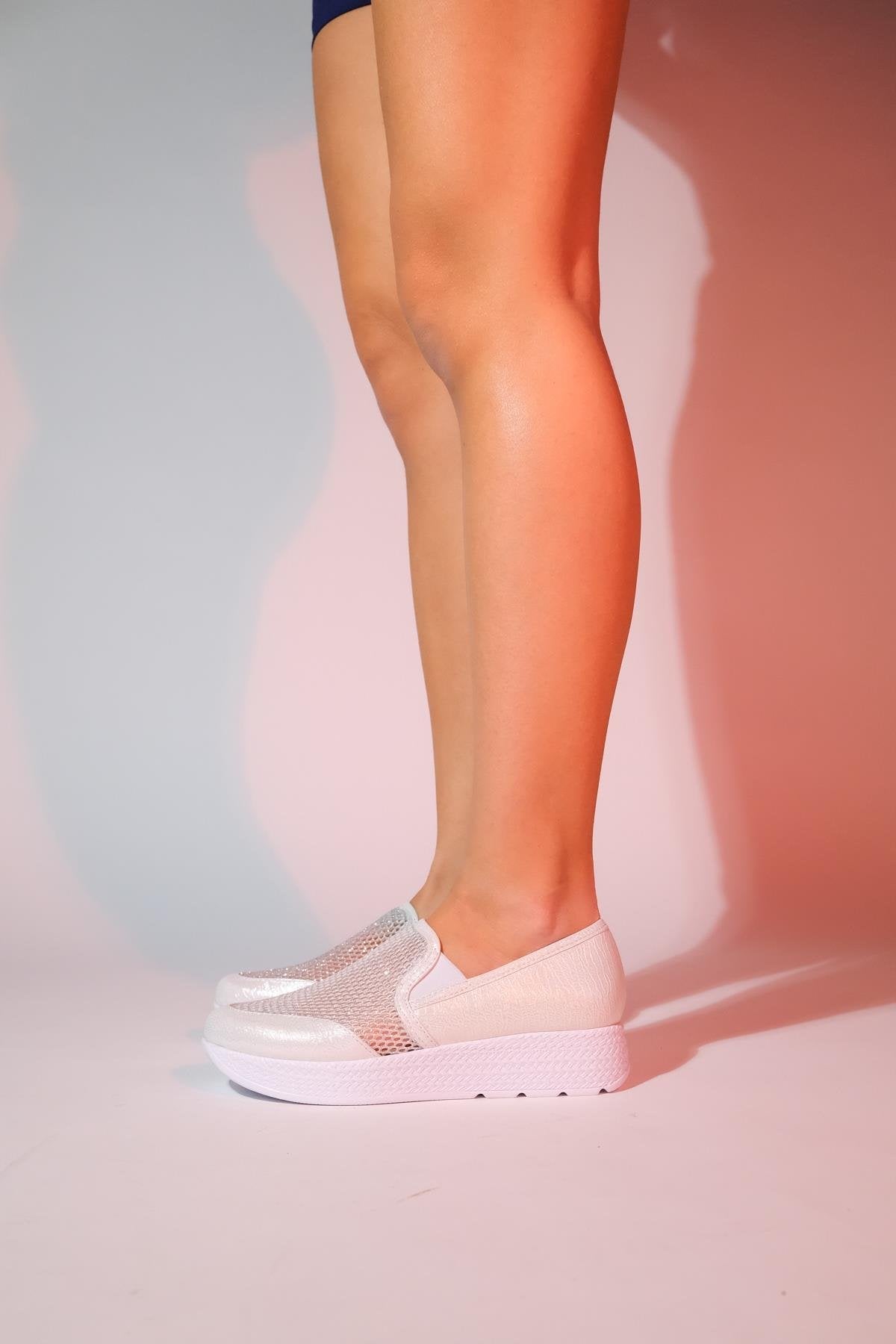 Purcan - Pearl Glitter Mesh Chunky Sole Casual Shoe – back view showing pearl, leather, glitter, SimmiUnique