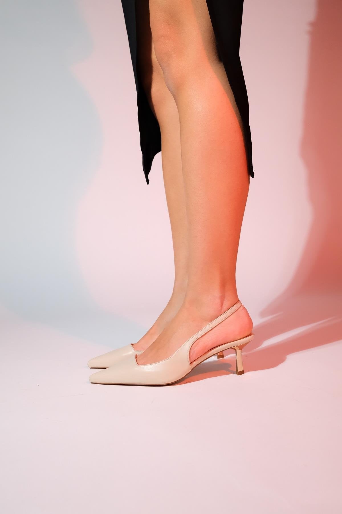 Marten - Ecru Pointed Toe Backless Stiletto Pump – heel view showing leather, SimmiUnique