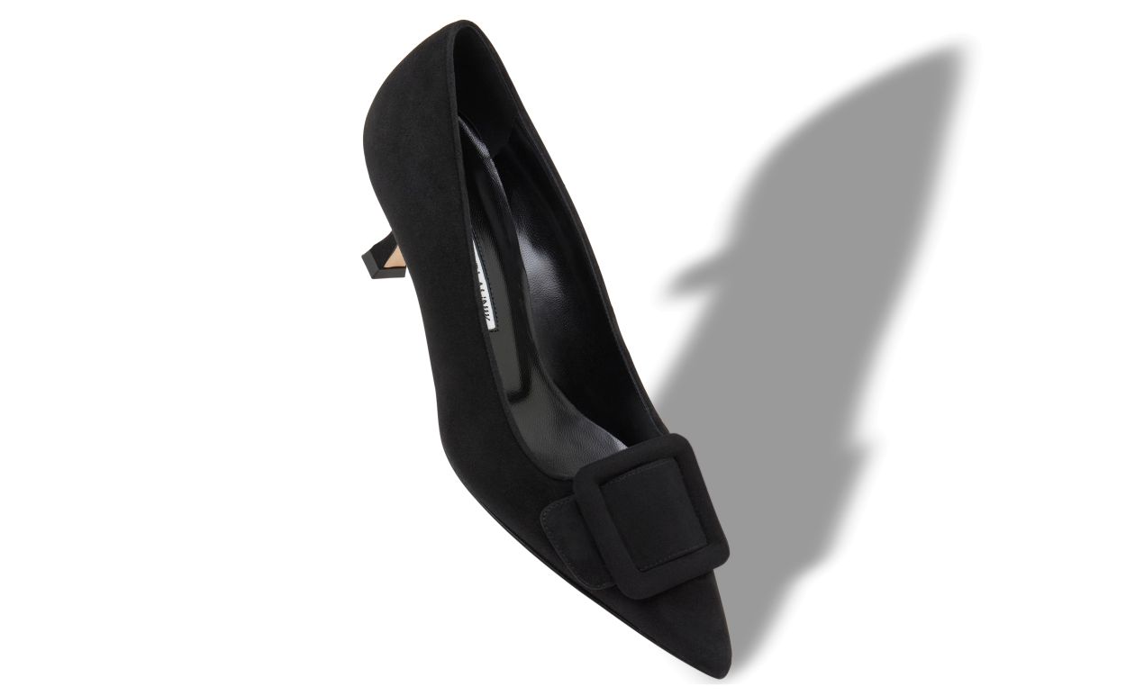 Vivienne Bloom Black Pointed Toe Pumps – front three-quarter view showing black pointed toe, suede, SimmiUnique