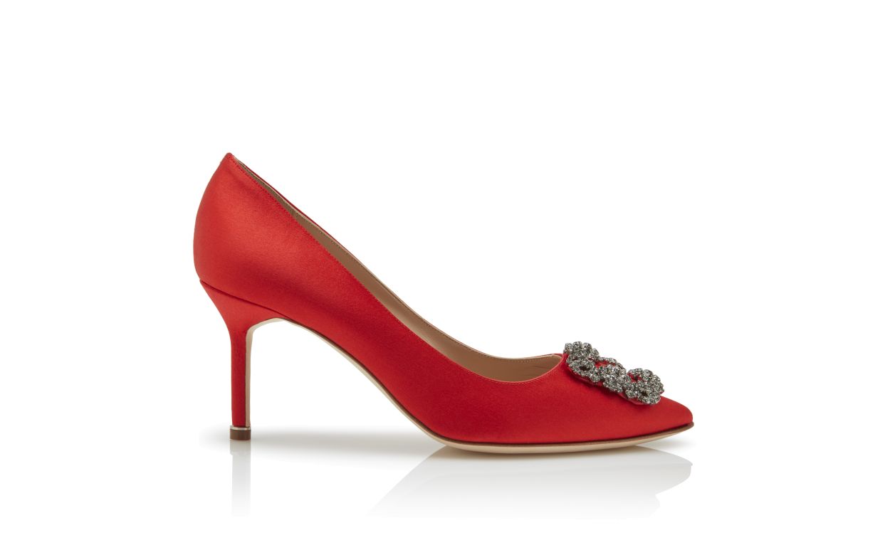 Ophelia Bloom Red Jewel Buckle Pumps – side profile showing red jewel buckle, crystal buckle, almond toe, satin, SimmiUnique