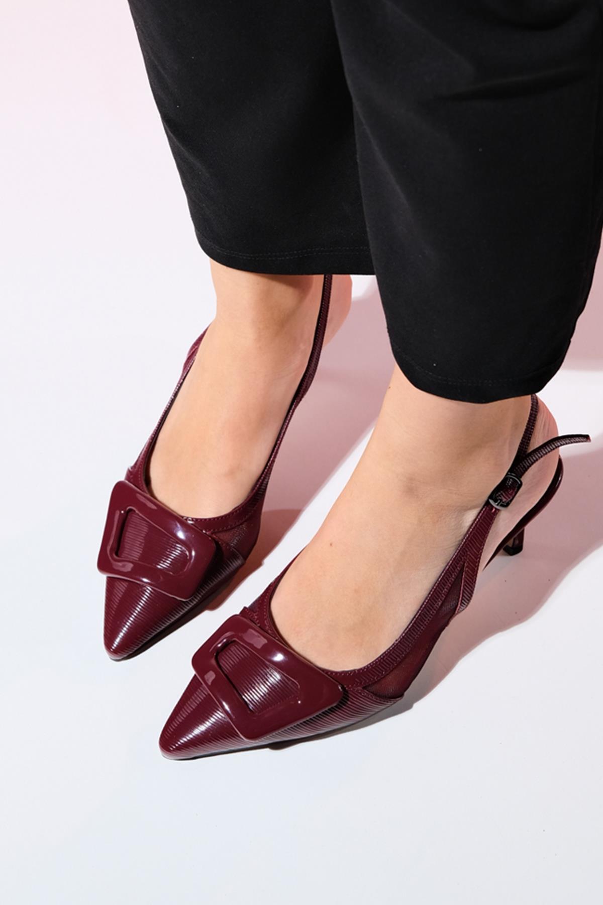 Foley - Burgundy Patent Striped Pointed Toe Backless Stiletto Pump – heel view showing leather, SimmiUnique