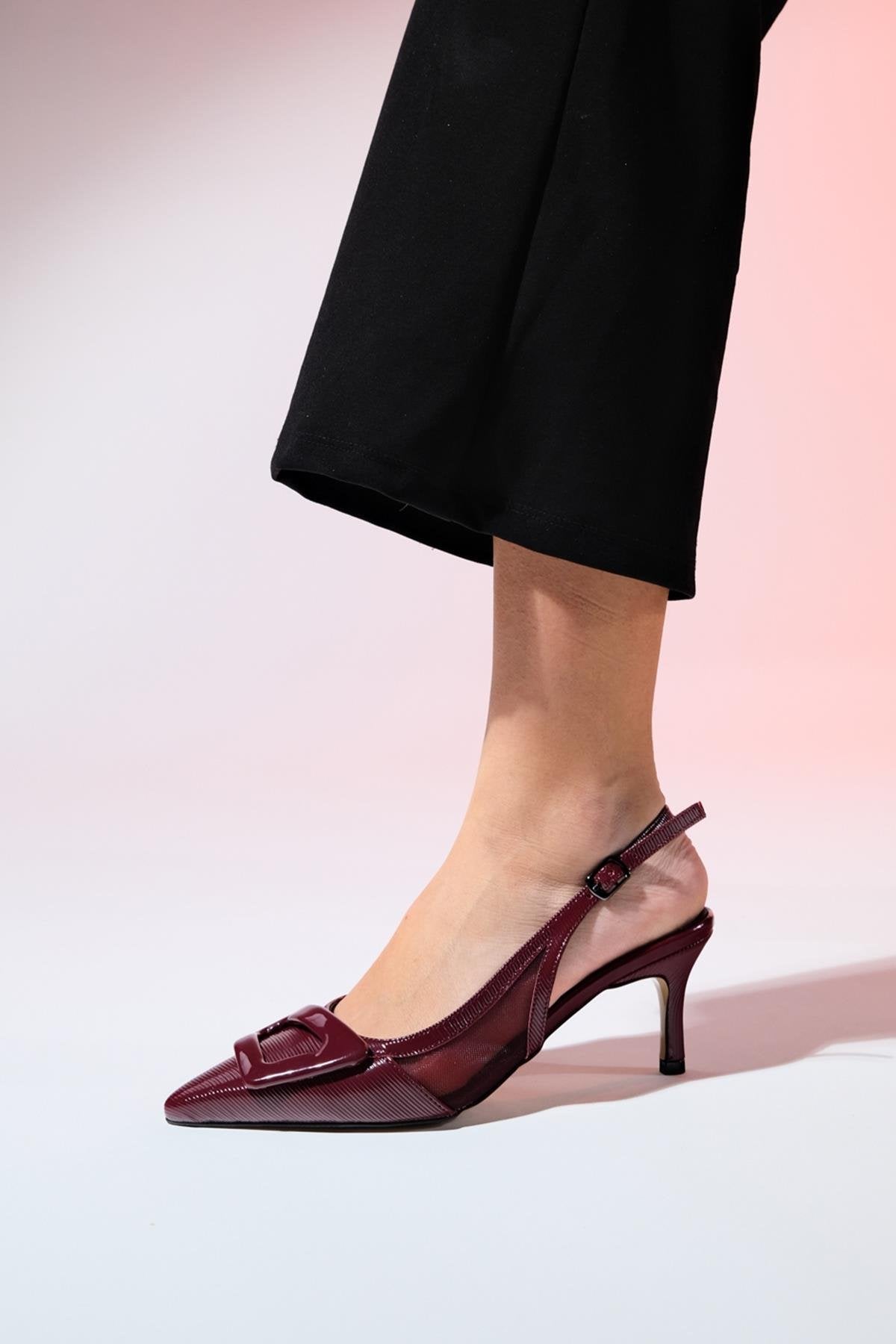 Foley - Burgundy Patent Striped Pointed Toe Backless Stiletto Pump – back view showing leather, SimmiUnique