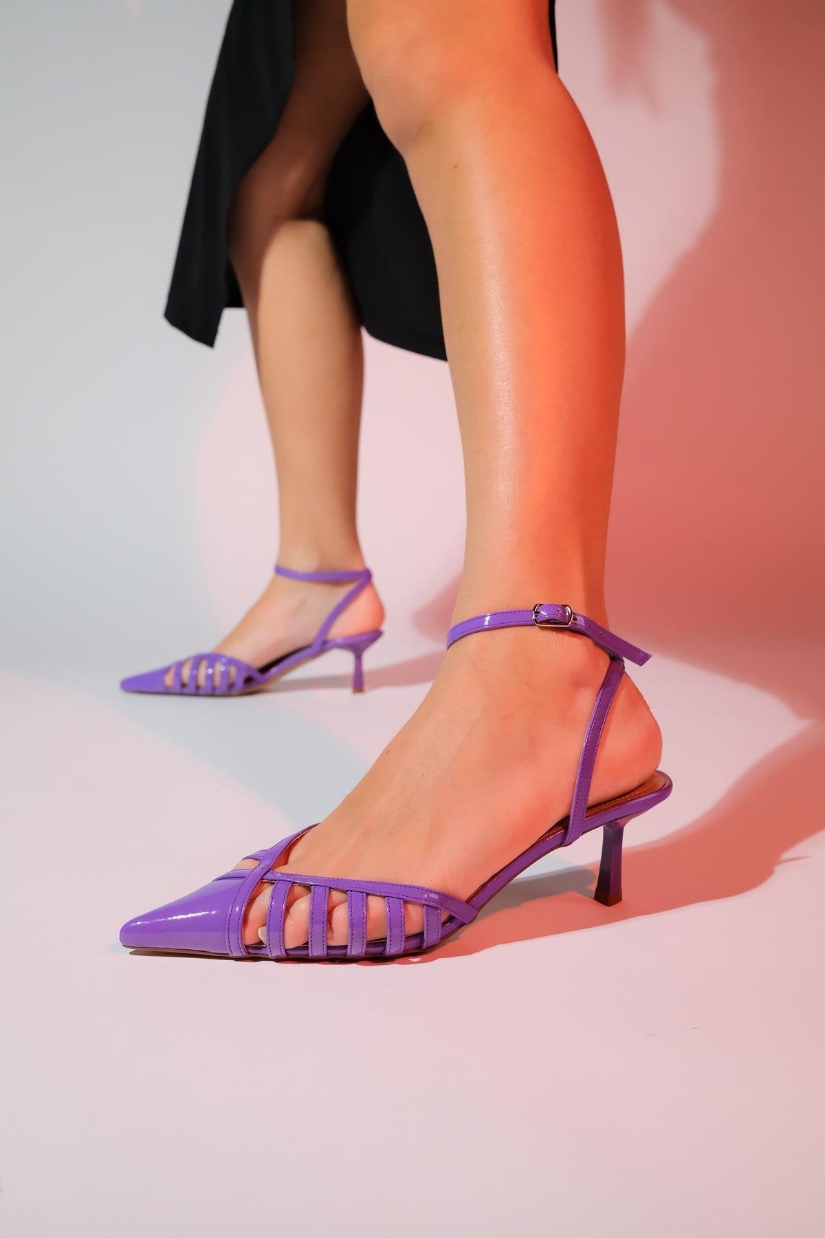 Liede - Purple Patent Pointed Toe Stiletto – heel view showing leather, SimmiUnique