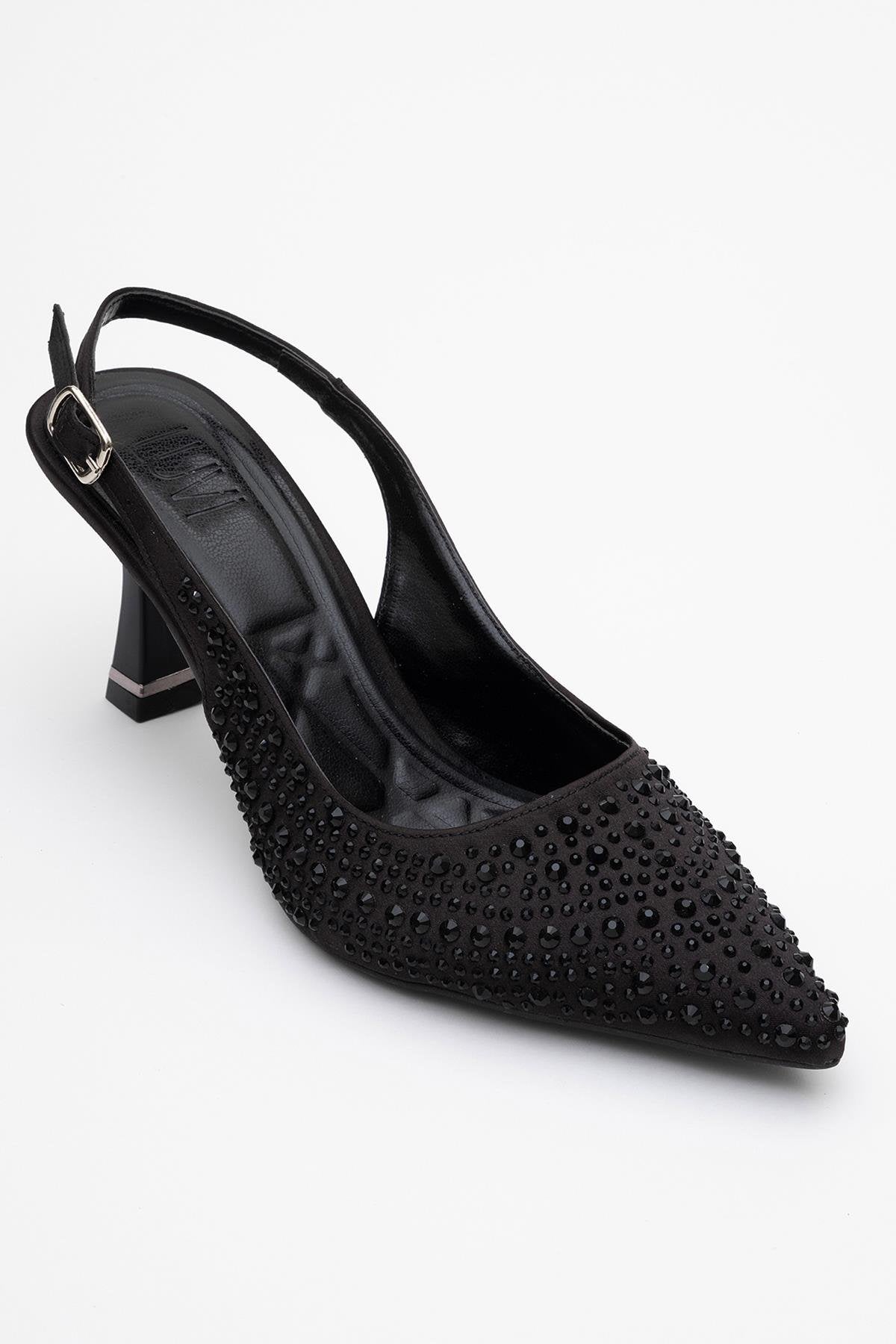 Juan - Black Satin Embellished Evening Shoe – detail view showing satin, leather, black, SimmiUnique