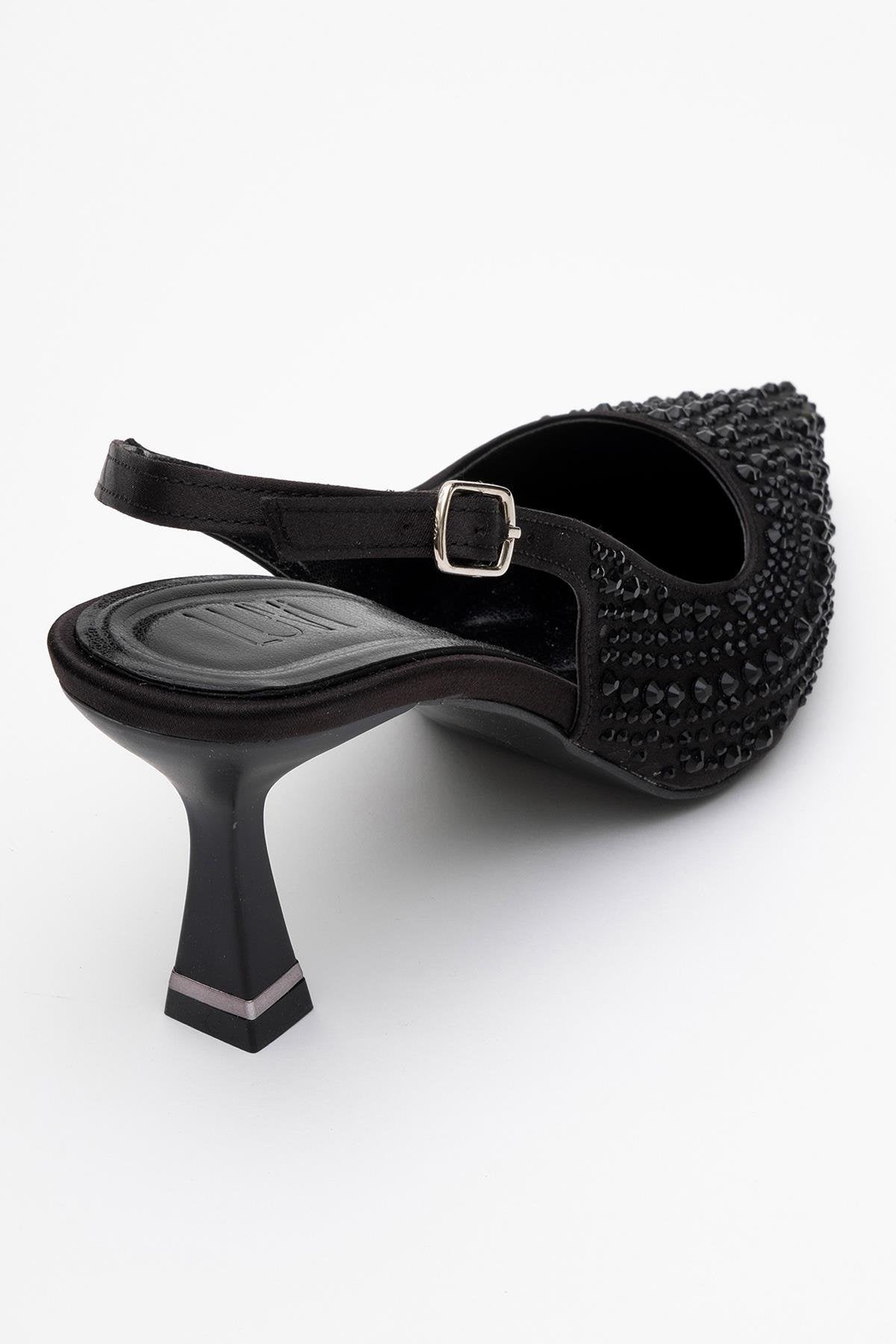 Juan - Black Satin Embellished Evening Shoe – back view showing satin, leather, black, SimmiUnique