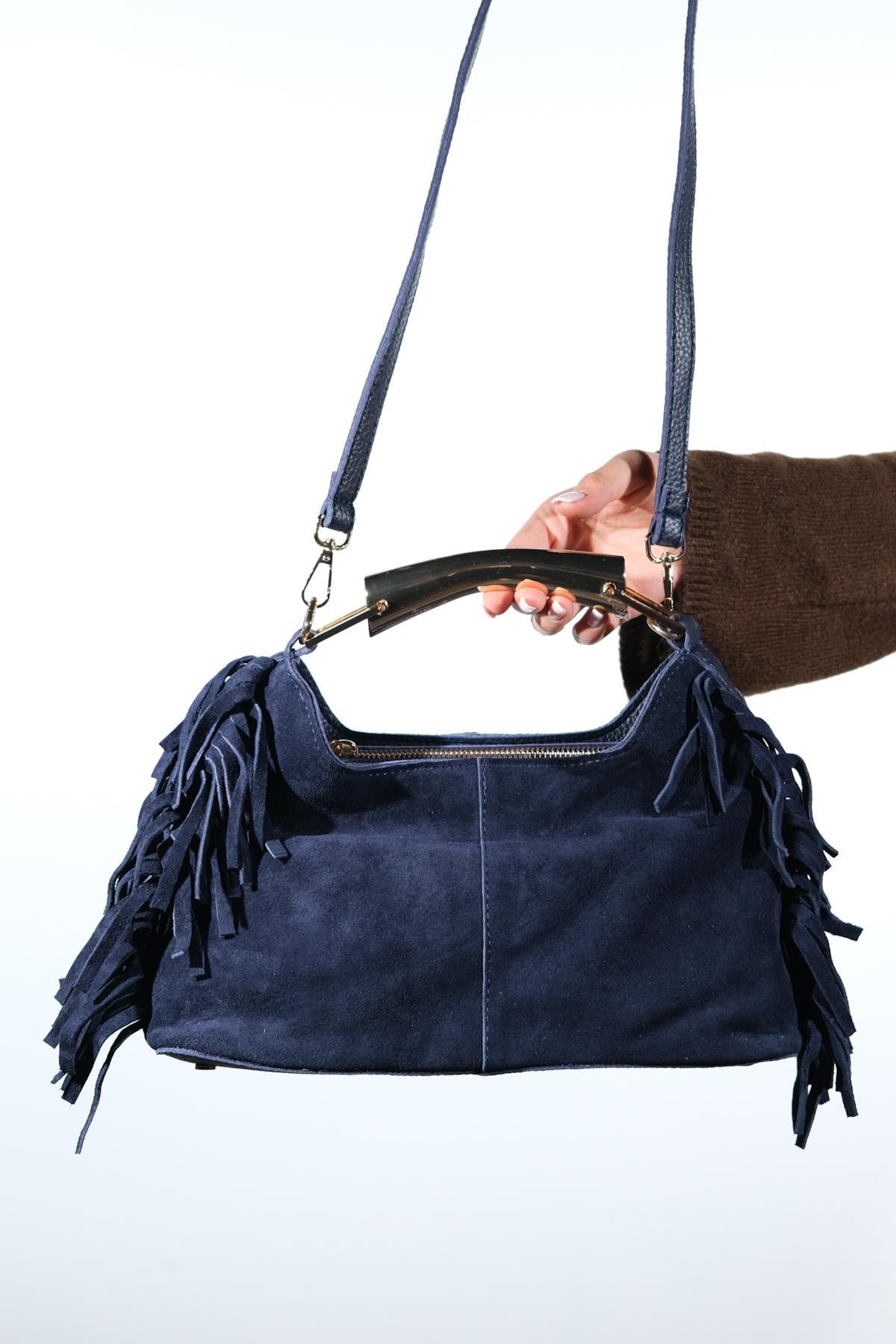 ASTREN - Navy Genuine Suede Leather Fringe Shoulder Bag – side view showing leather, suede, SimmiUnique