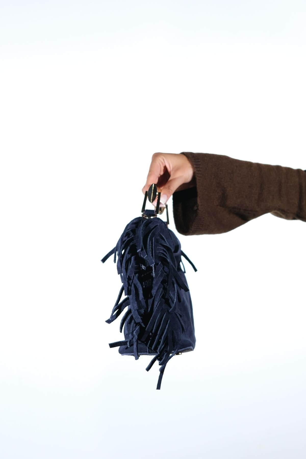 ASTREN - Navy Genuine Suede Leather Fringe Shoulder Bag – heel view showing leather, suede, SimmiUnique