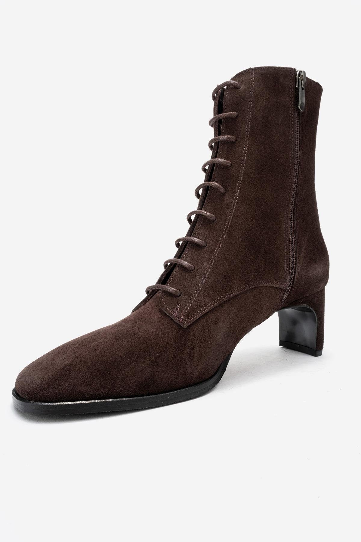 SUDY - Brown Suede Genuine Leather Lace-Up Block Heel Boot – heel view showing lace, leather, suede, SimmiUnique