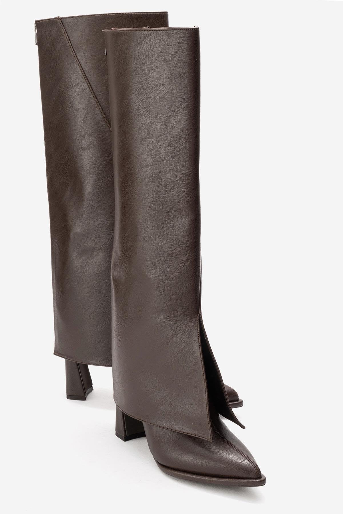 AJA - Brown Block Heel Boot – front three-quarter view showing leather, SimmiUnique