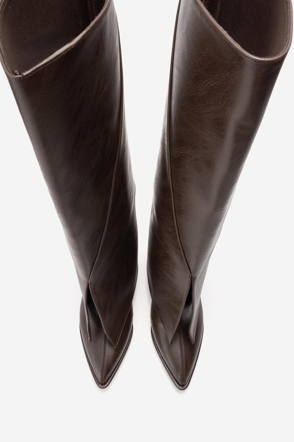 AJA - Brown Block Heel Boot – top view showing leather, SimmiUnique