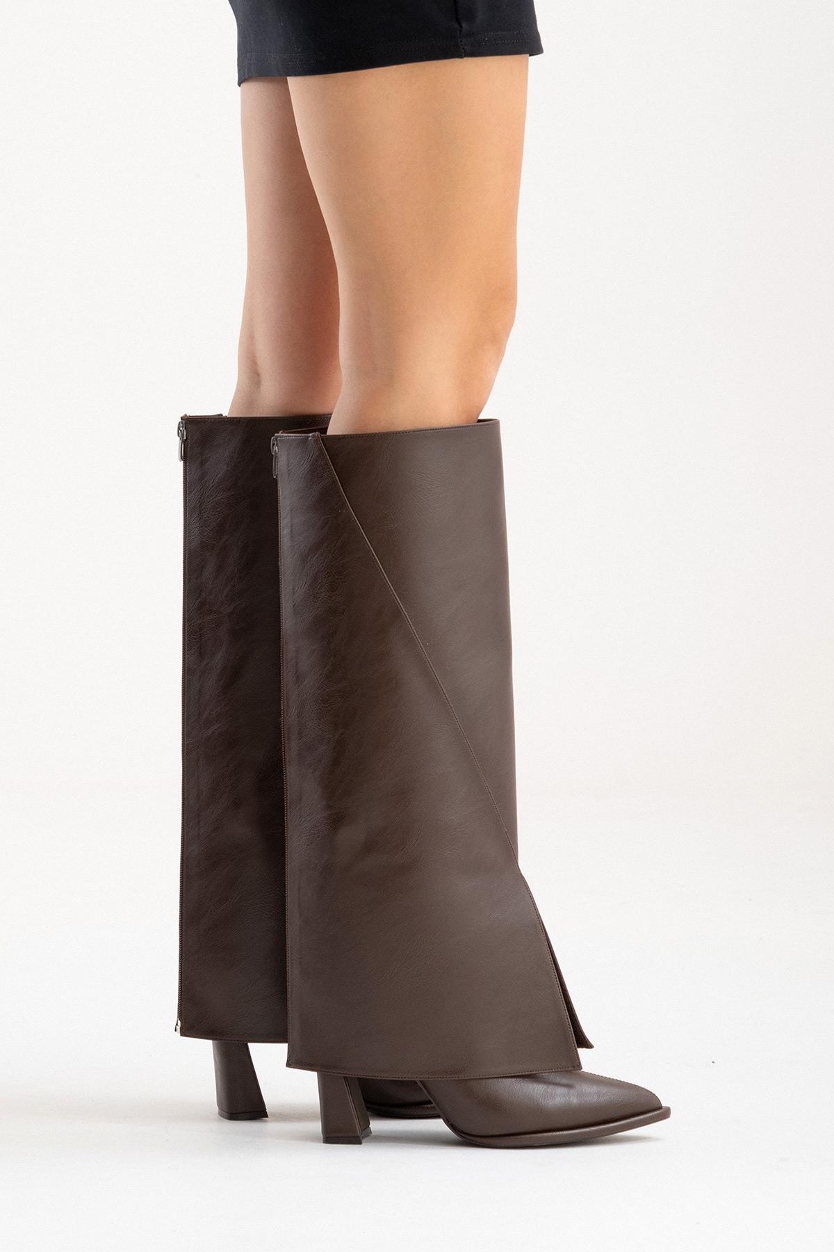 AJA - Brown Block Heel Boot – product view 9 showing leather, SimmiUnique