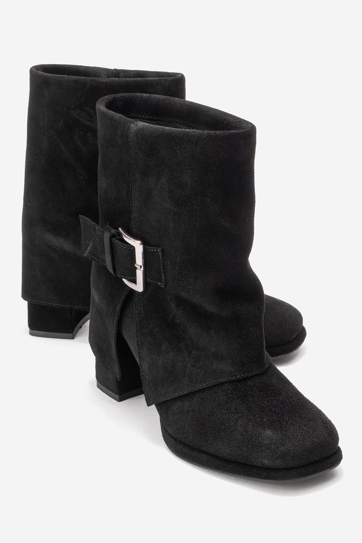 LORE - Black Genuine Leather Block Heel Boot – front three-quarter view showing leather, suede, black, SimmiUnique