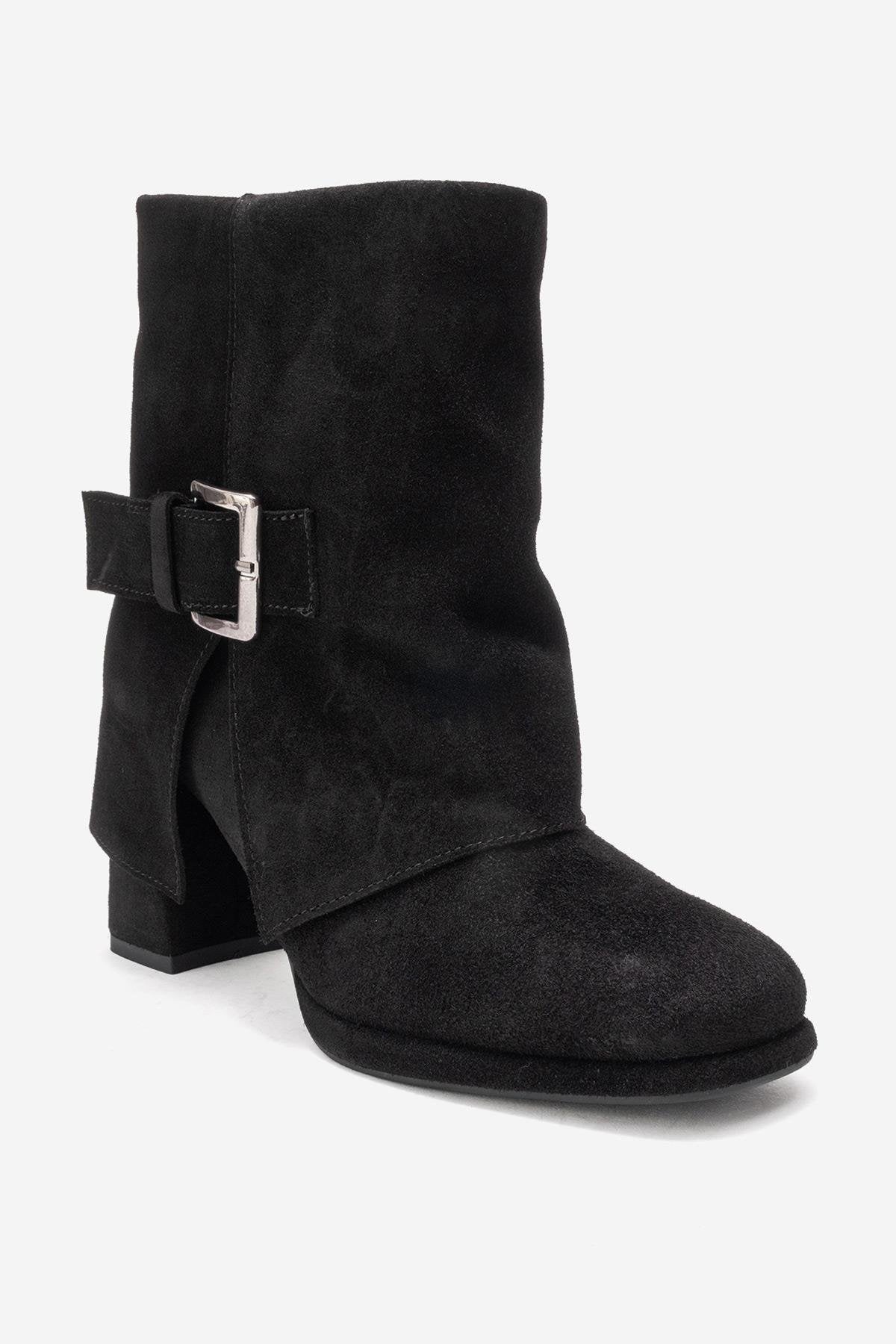 LORE - Black Genuine Leather Block Heel Boot – detail view showing leather, suede, black, SimmiUnique