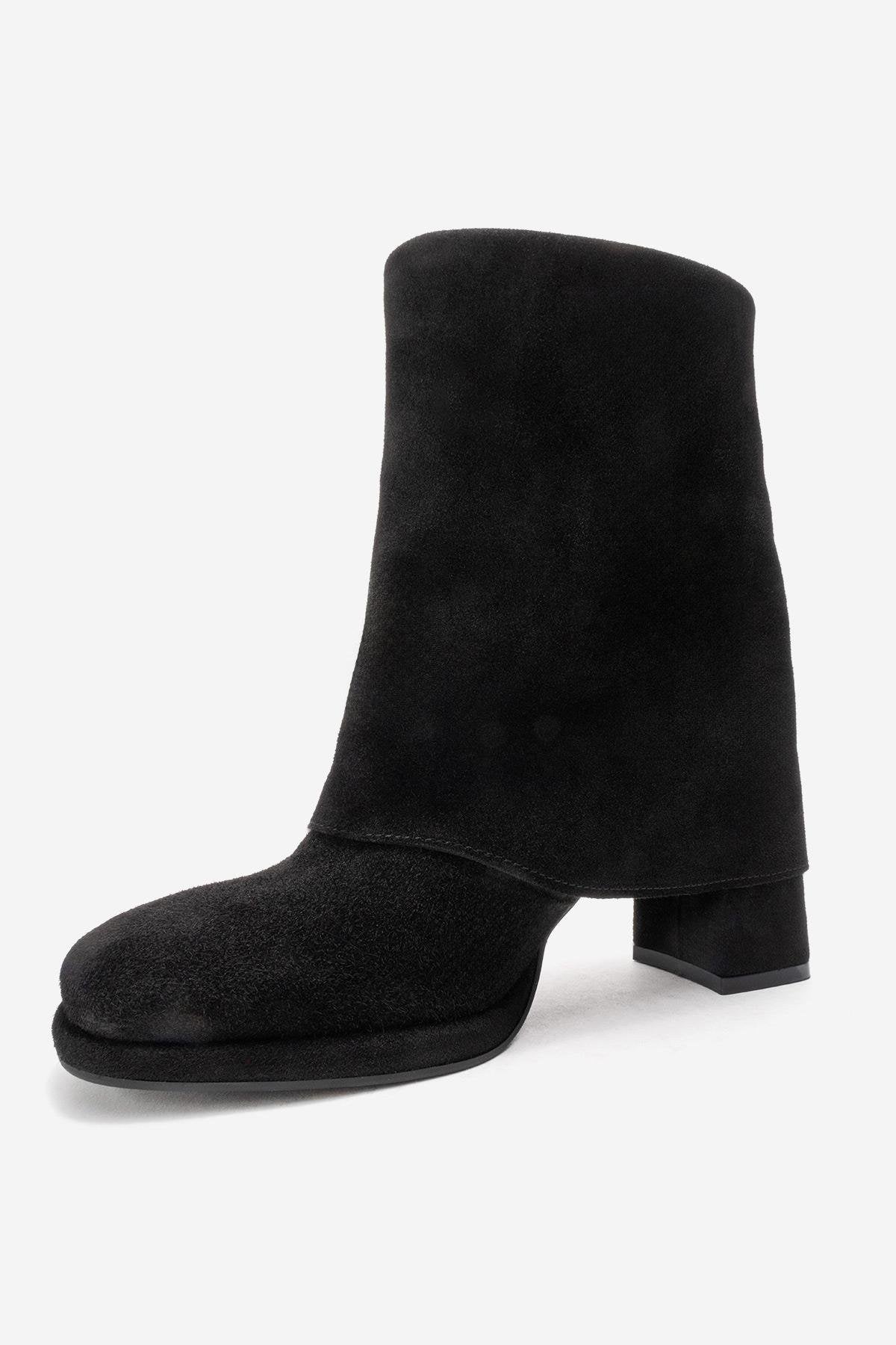 LORE - Black Genuine Leather Block Heel Boot – heel view showing leather, suede, black, SimmiUnique