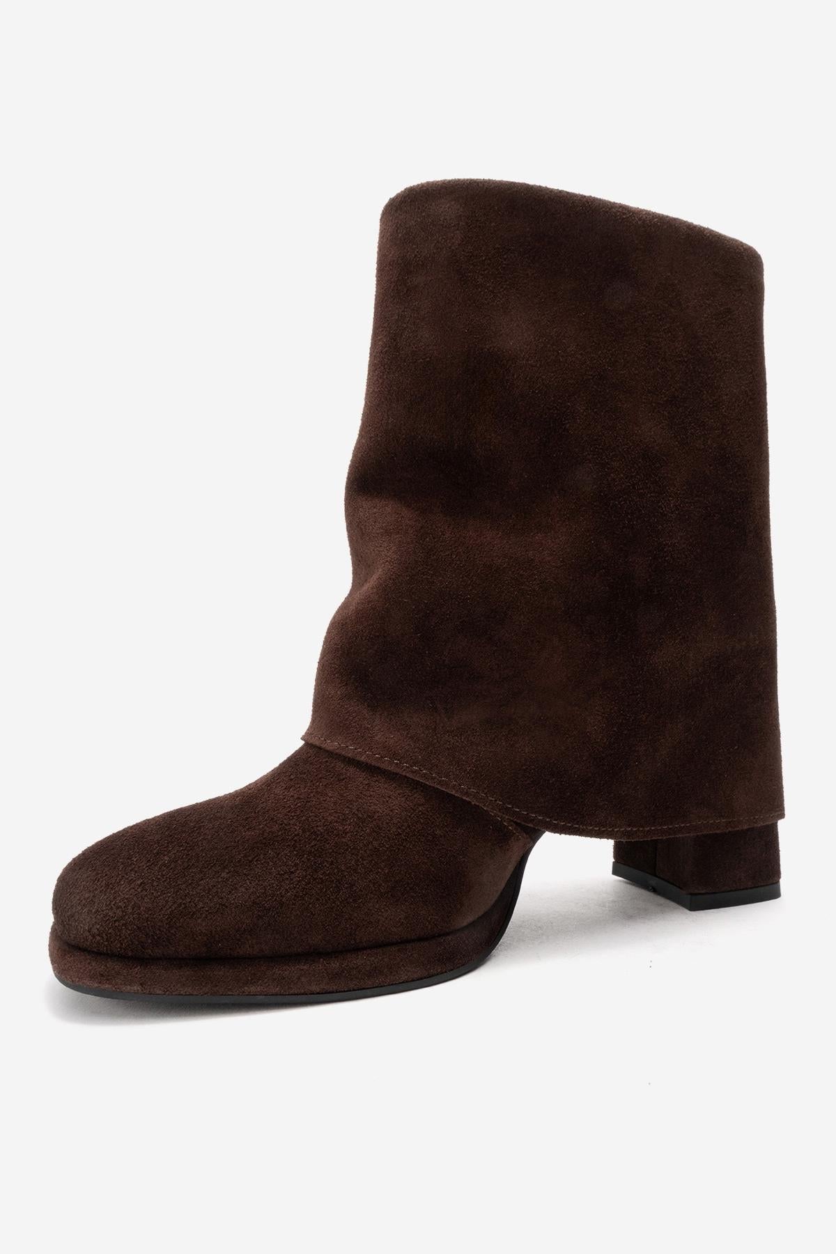 LORE - Brown Genuine Leather Block Heel Boot – heel view showing leather, suede, SimmiUnique