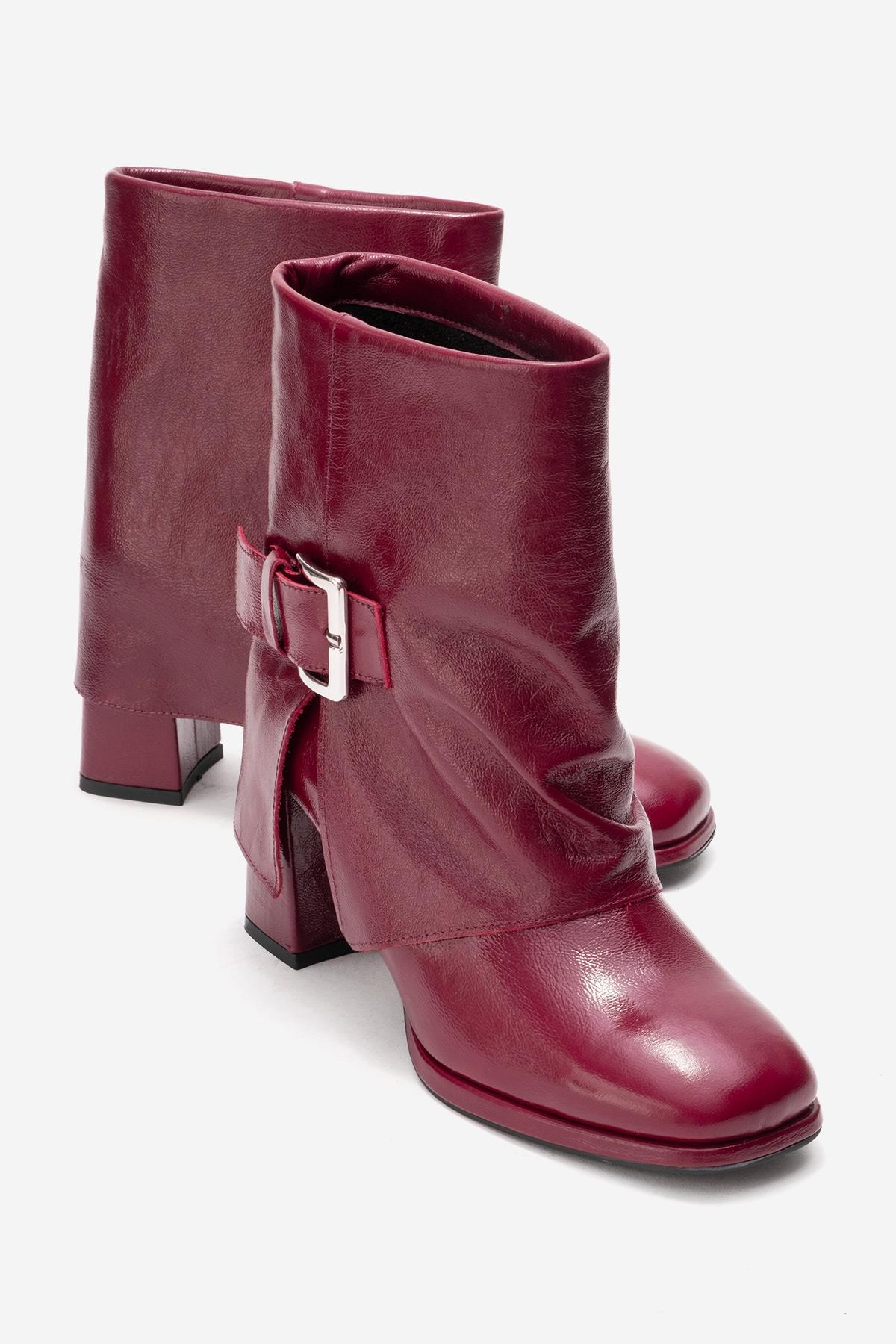 LORE - Burgundy Genuine Leather Block Heel Boot – front three-quarter view showing leather, SimmiUnique