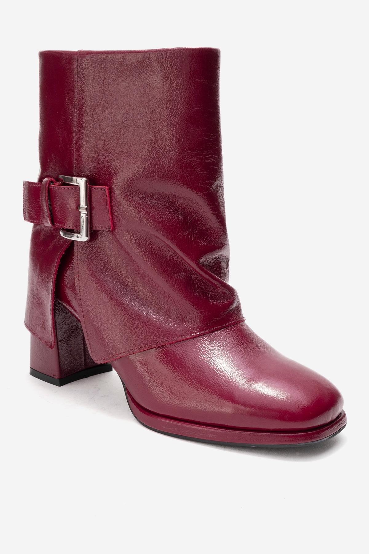 LORE - Burgundy Genuine Leather Block Heel Boot – detail view showing leather, SimmiUnique