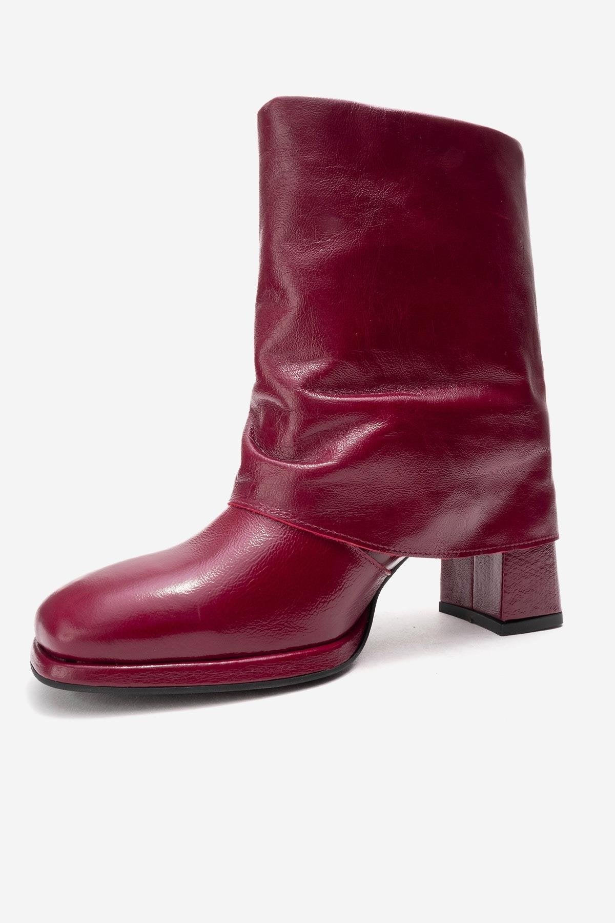 LORE - Burgundy Genuine Leather Block Heel Boot – heel view showing leather, SimmiUnique