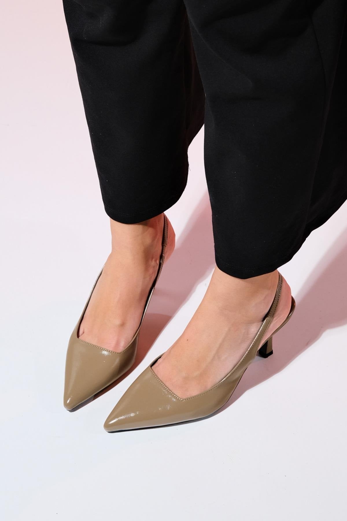 Flem - Taupe Pointed Toe Backless Stiletto Pump – detail view showing leather, SimmiUnique