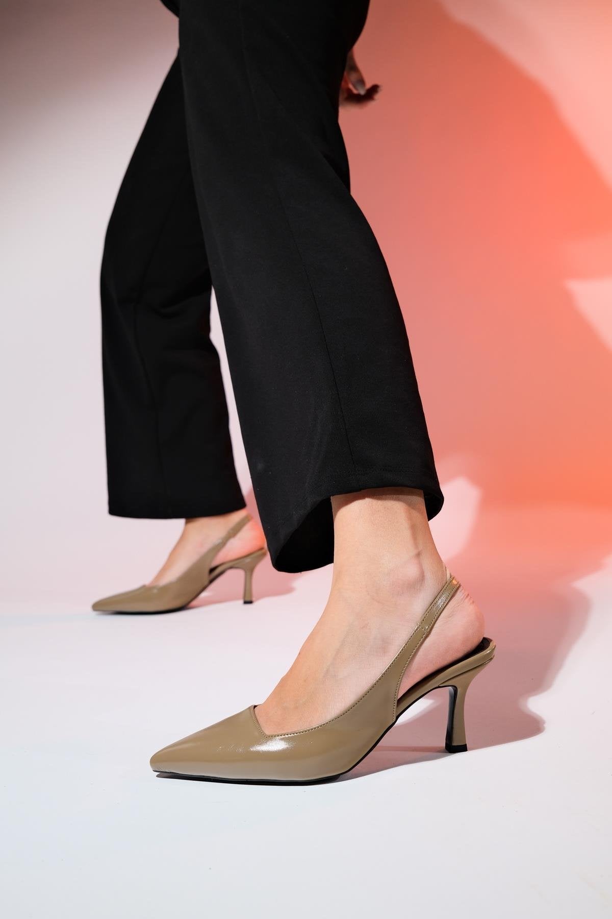 Flem - Taupe Pointed Toe Backless Stiletto Pump – heel view showing leather, SimmiUnique