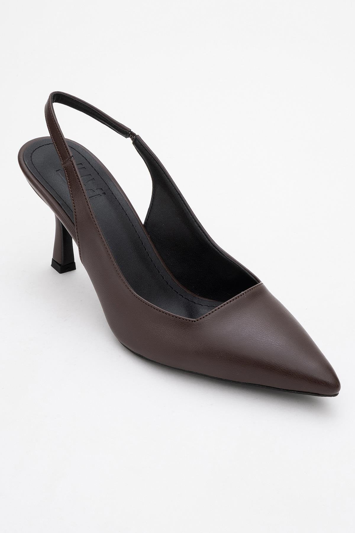 Flem - Mocha Pointed Toe Backless Stiletto Pump – detail view showing leather, SimmiUnique