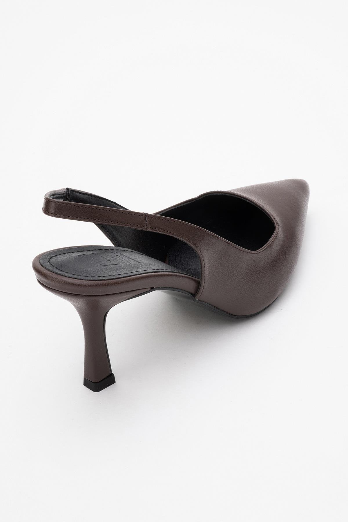 Flem - Mocha Pointed Toe Backless Stiletto Pump – heel view showing leather, SimmiUnique