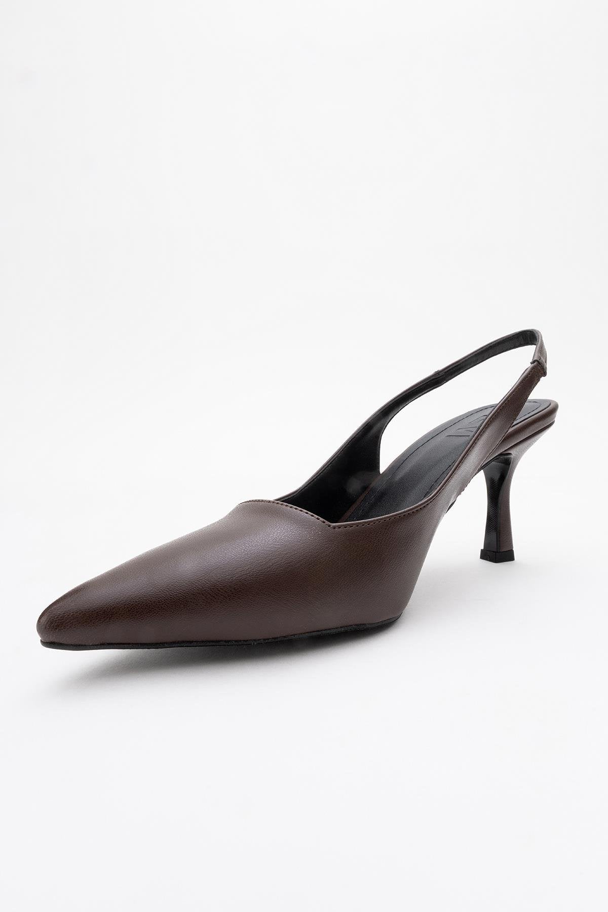 Flem - Mocha Pointed Toe Backless Stiletto Pump – back view showing leather, SimmiUnique