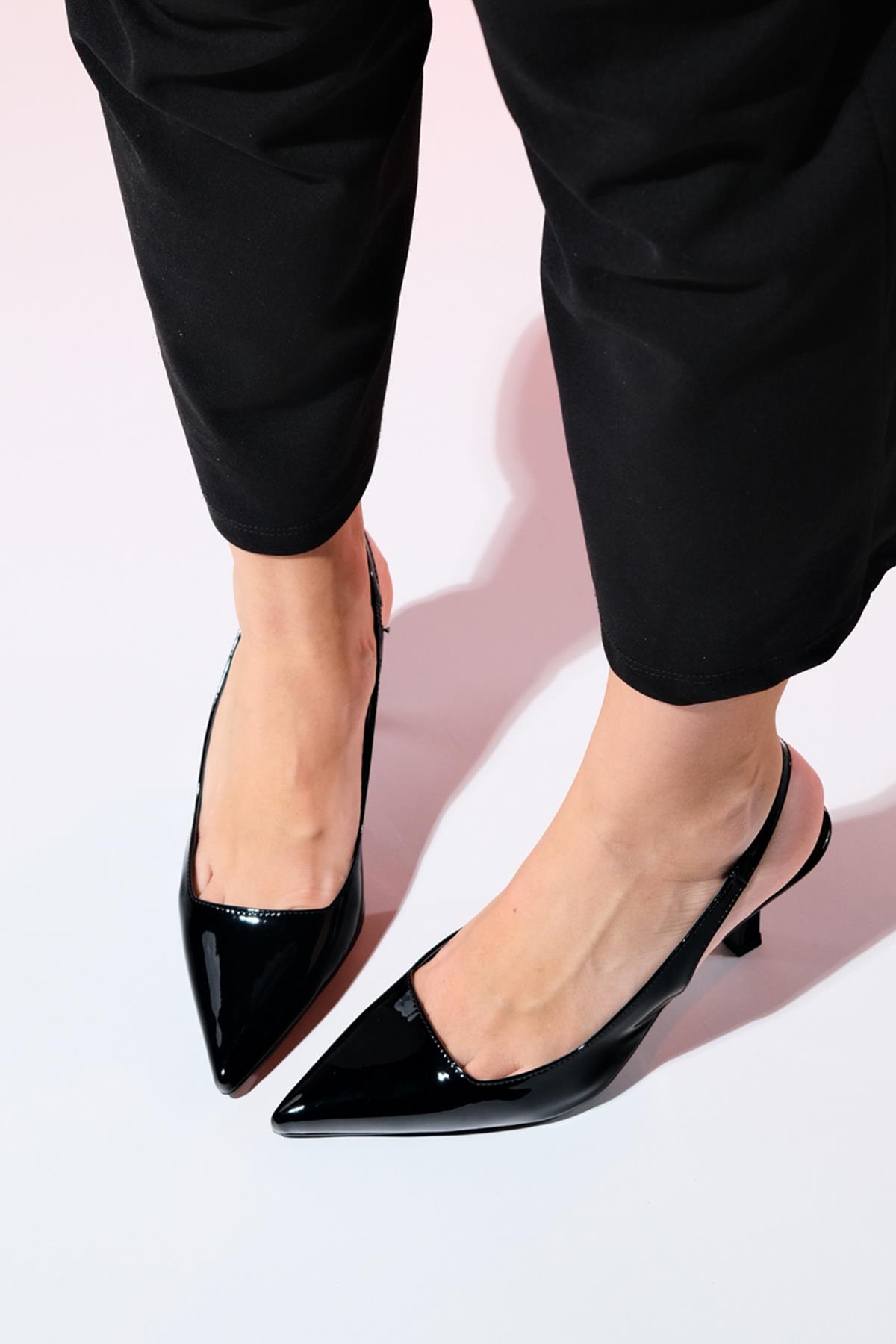 Flem - Black Patent Pointed Toe Backless Stiletto Pump – side view showing leather, black, SimmiUnique