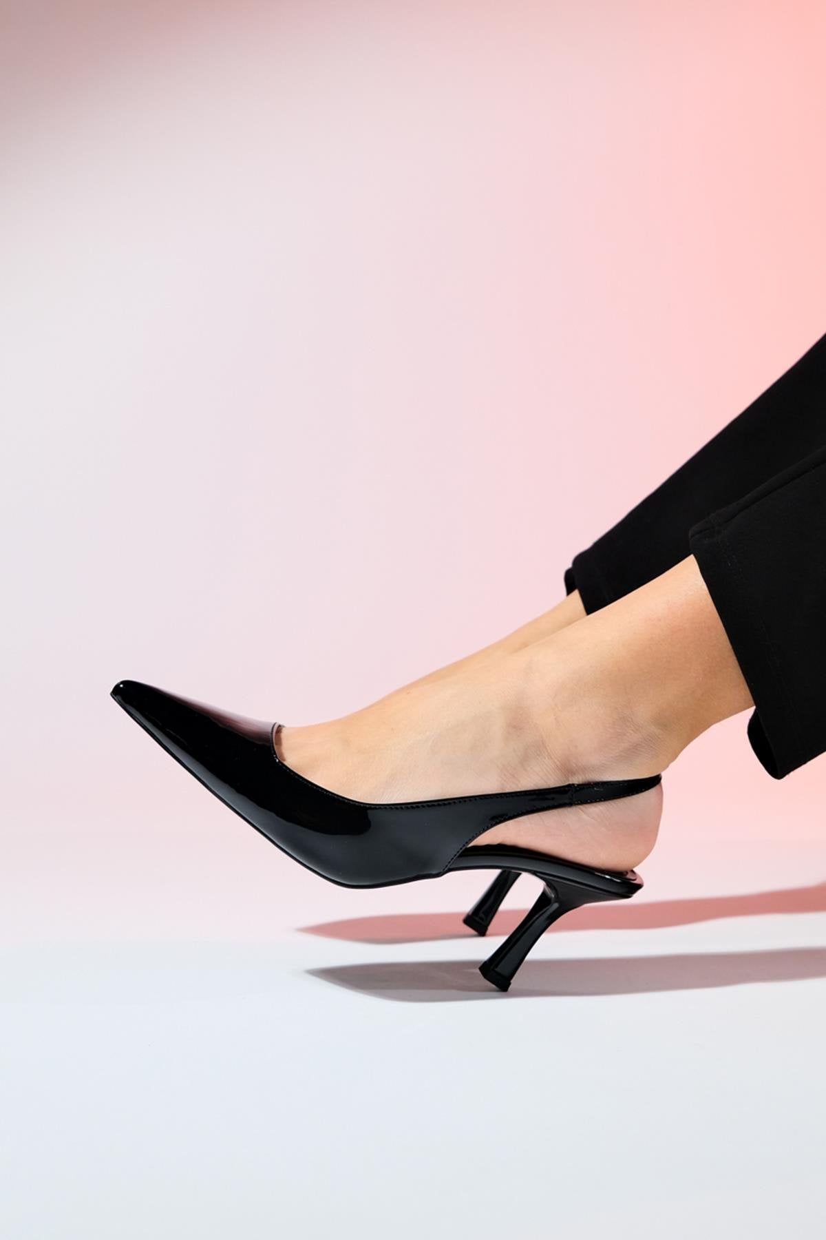 Flem - Black Patent Pointed Toe Backless Stiletto Pump – detail view showing leather, black, SimmiUnique