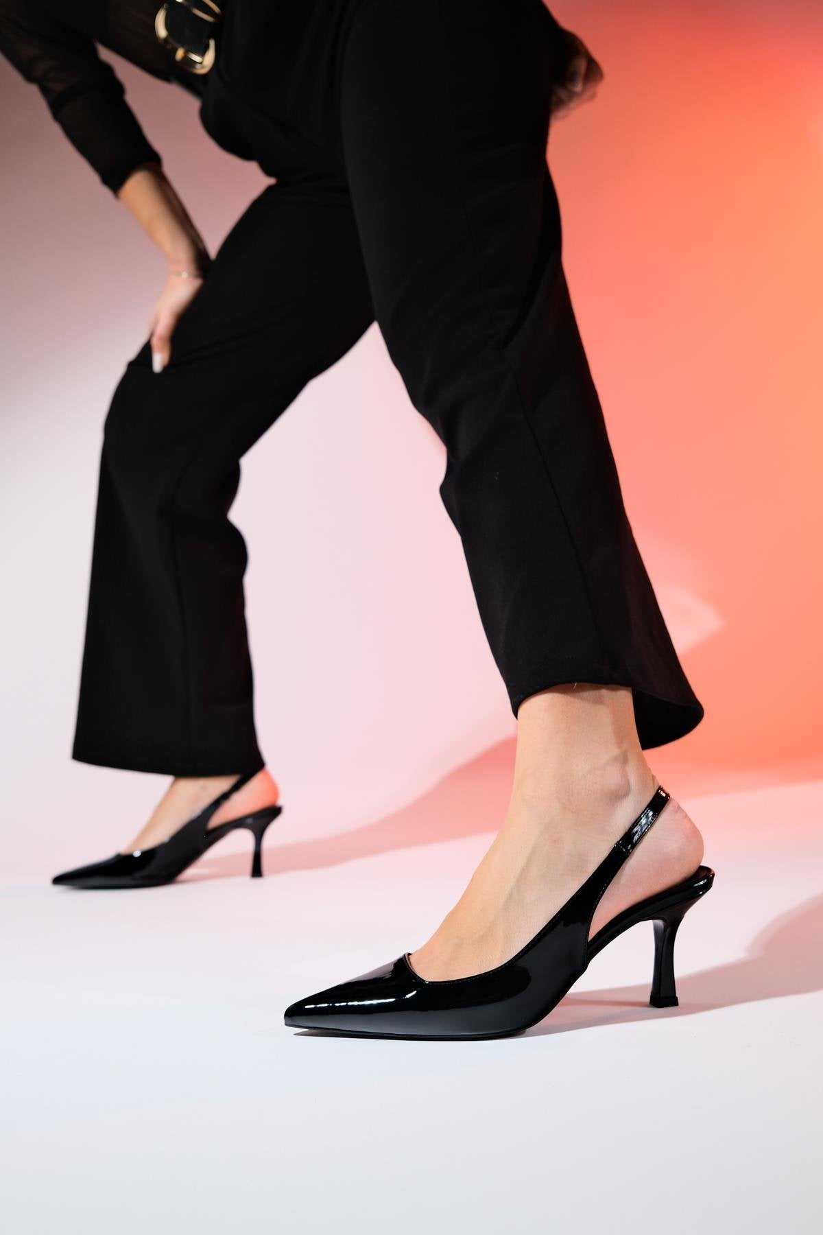 Flem - Black Patent Pointed Toe Backless Stiletto Pump – back view showing leather, black, SimmiUnique