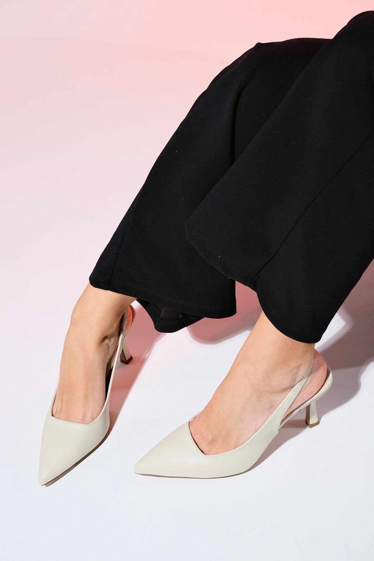 Flem - Ecru Pointed Toe Backless Stiletto Pump – side view showing leather, SimmiUnique